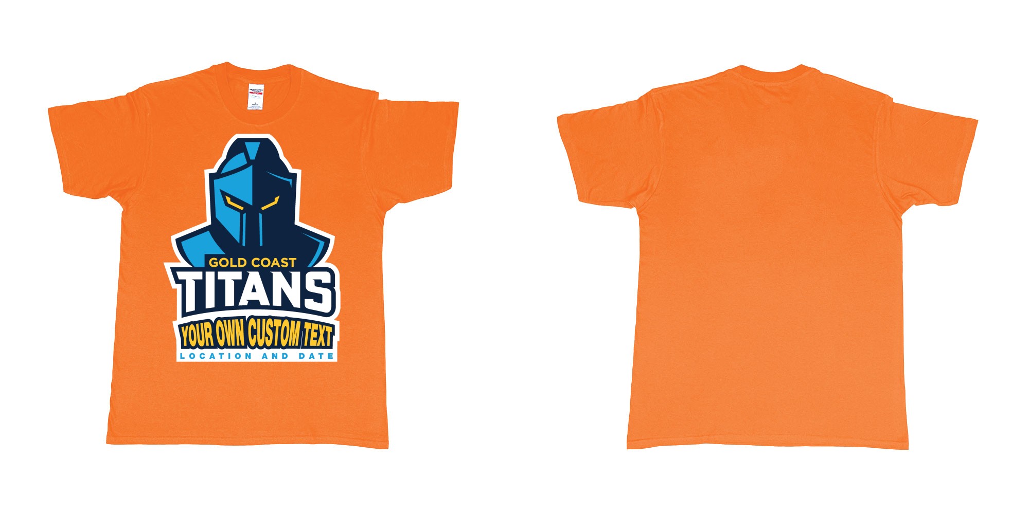 Custom tshirt design gold coast titans own custom design print in fabric color orange choice your own text made in Bali by The Pirate Way
