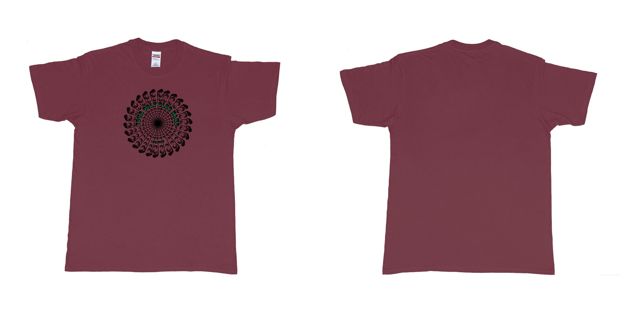 Custom tshirt design golf clubs balls mandala cutoms club name location in fabric color marron choice your own text made in Bali by The Pirate Way
