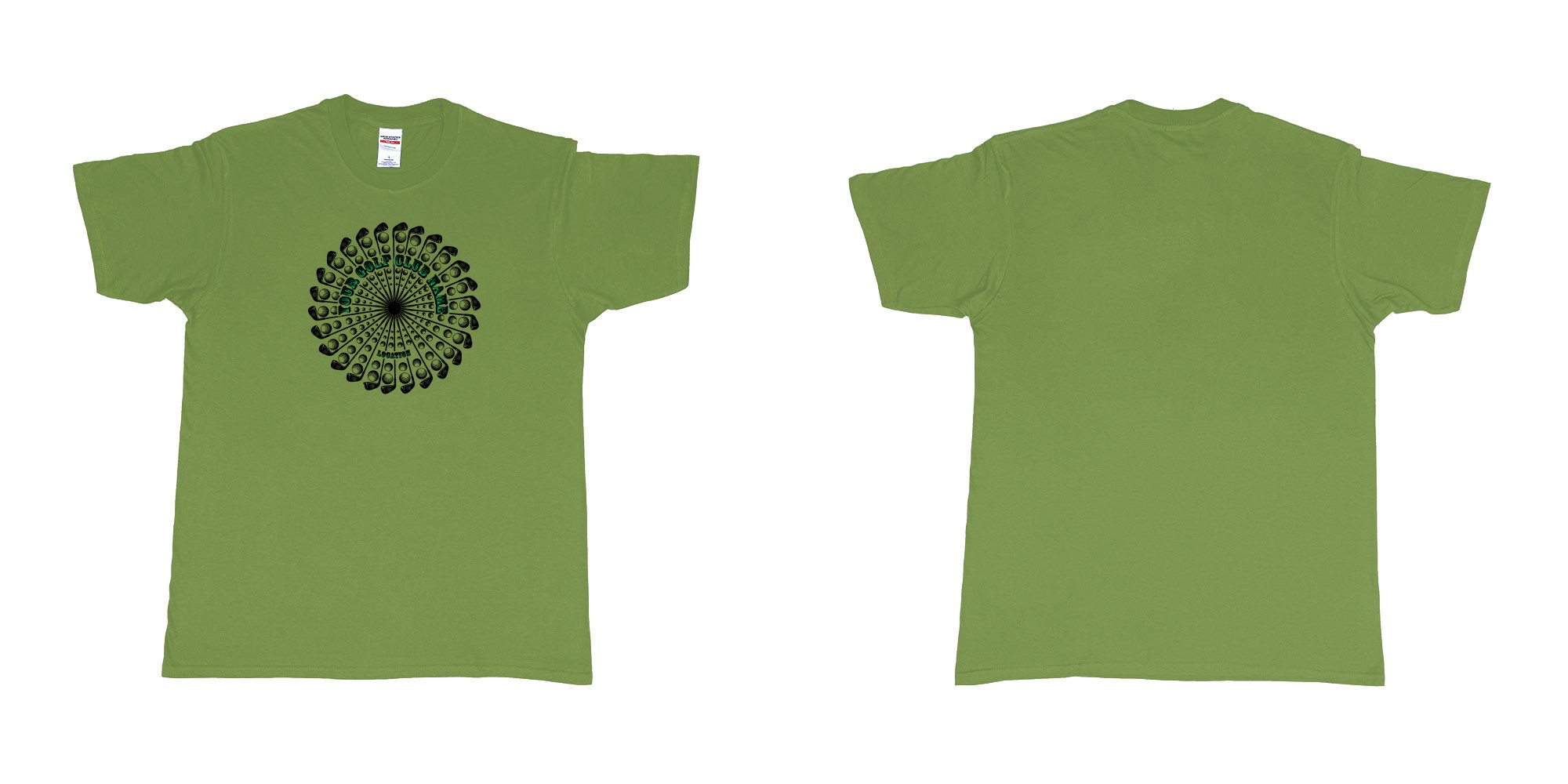 Custom tshirt design golf clubs balls mandala cutoms club name location in fabric color military-green choice your own text made in Bali by The Pirate Way