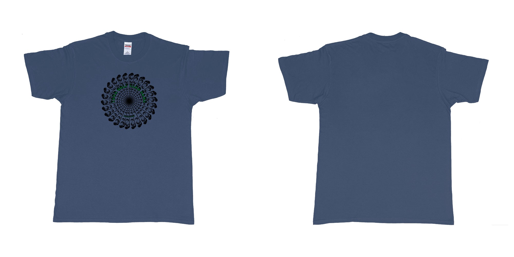Custom tshirt design golf clubs balls mandala cutoms club name location in fabric color navy choice your own text made in Bali by The Pirate Way