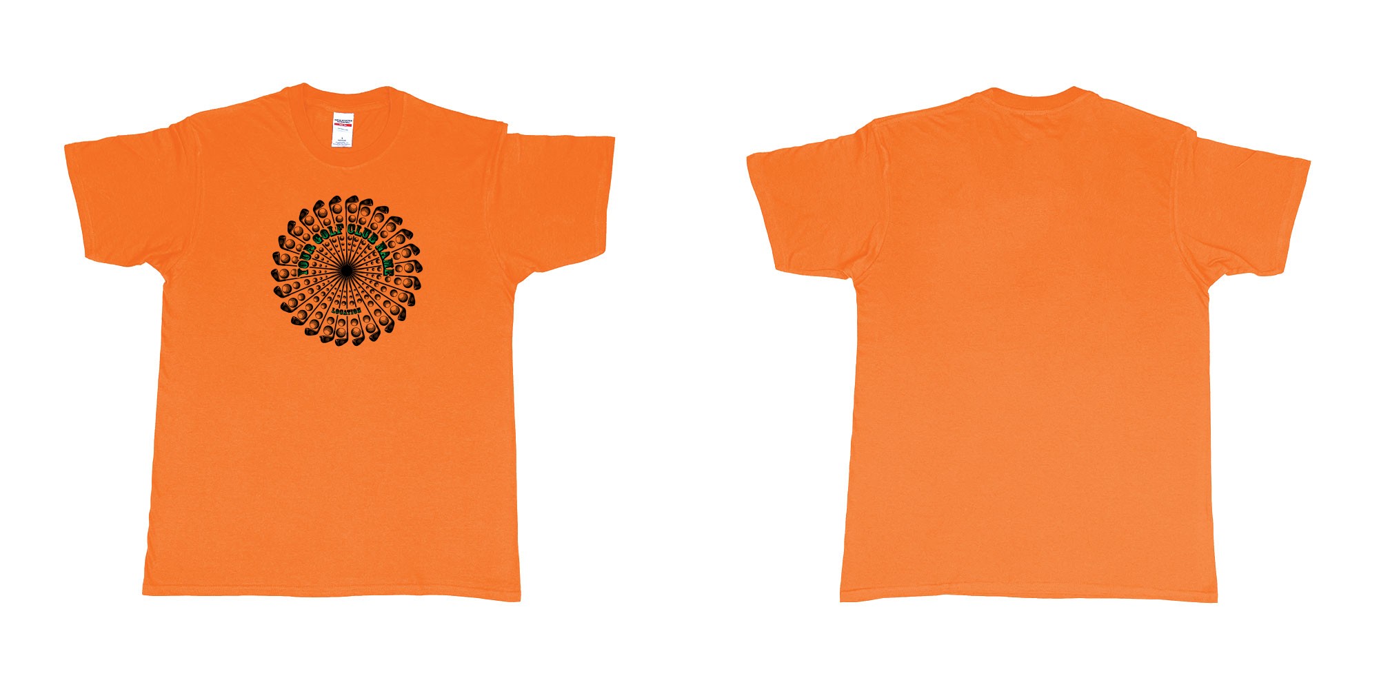 Custom tshirt design golf clubs balls mandala cutoms club name location in fabric color orange choice your own text made in Bali by The Pirate Way