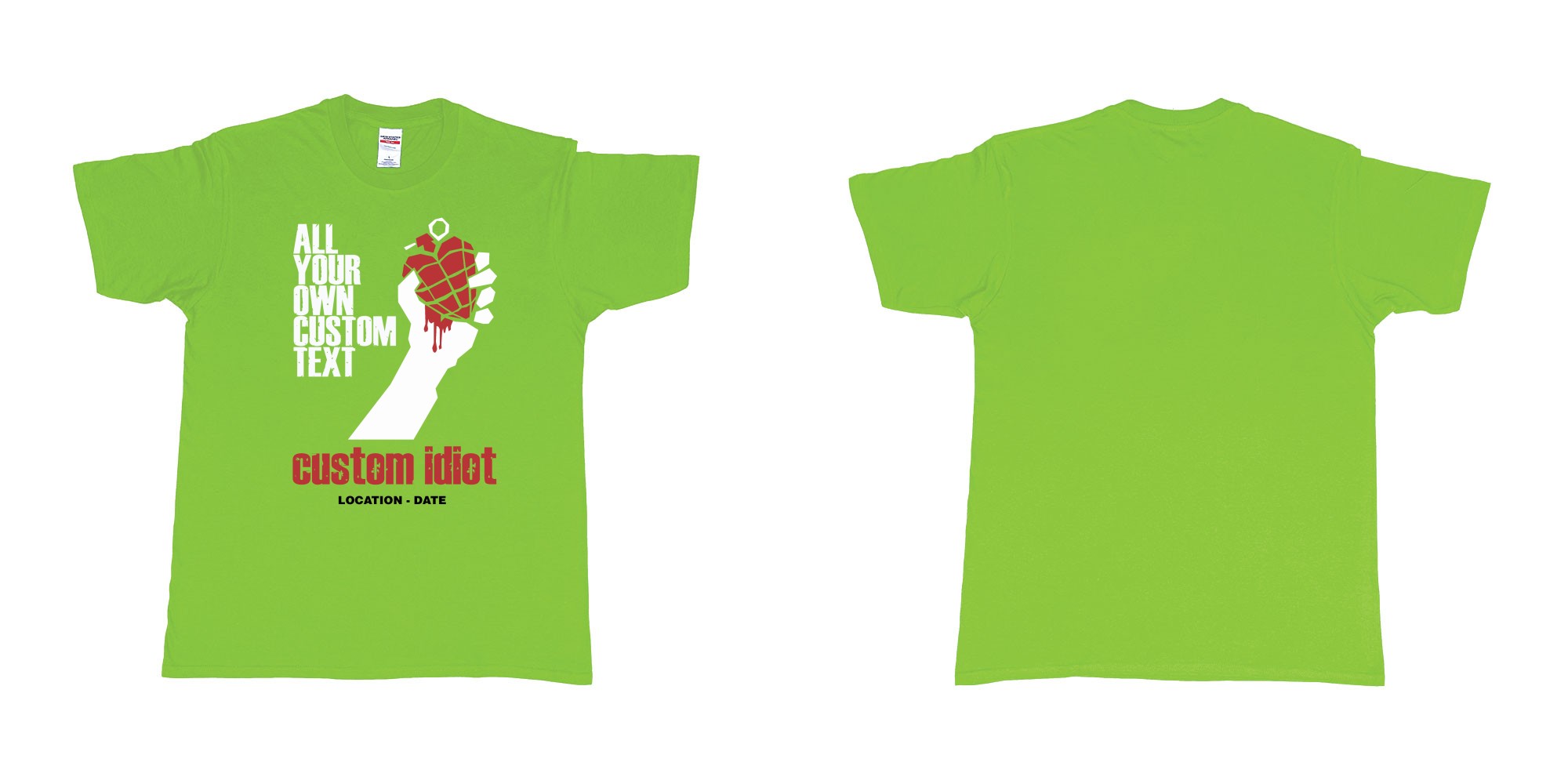 Custom tshirt design green day american idiot custom bali bucks party in fabric color lime choice your own text made in Bali by The Pirate Way