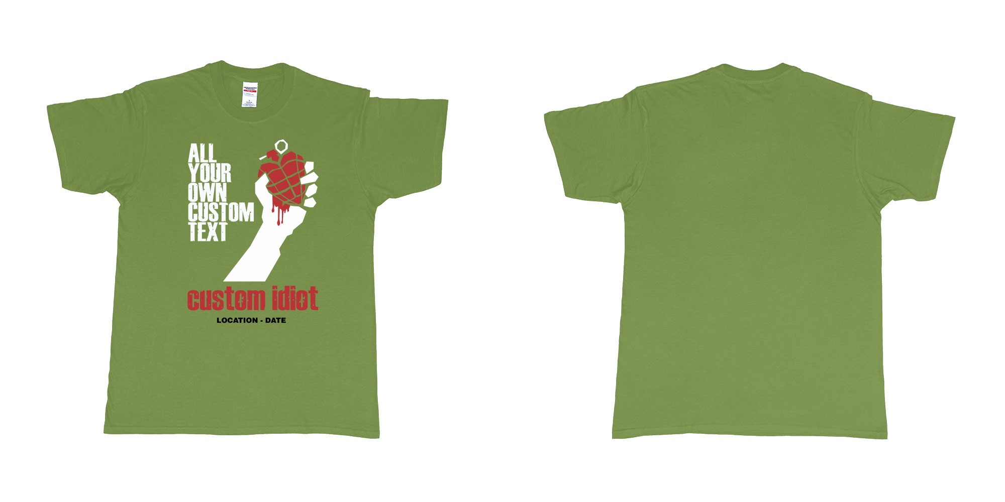 Custom tshirt design green day american idiot custom bali bucks party in fabric color military-green choice your own text made in Bali by The Pirate Way