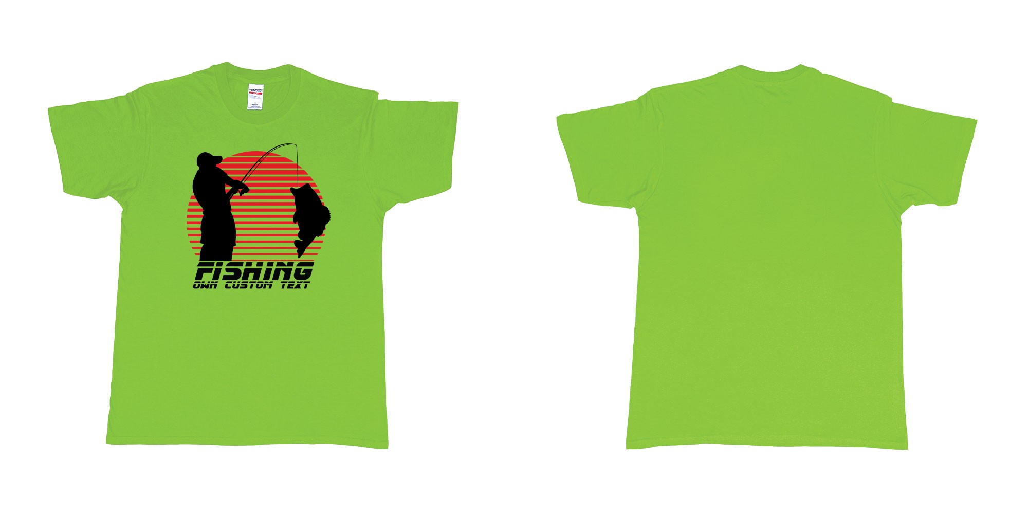 Custom tshirt design guy fishing catching fish sunset in fabric color lime choice your own text made in Bali by The Pirate Way