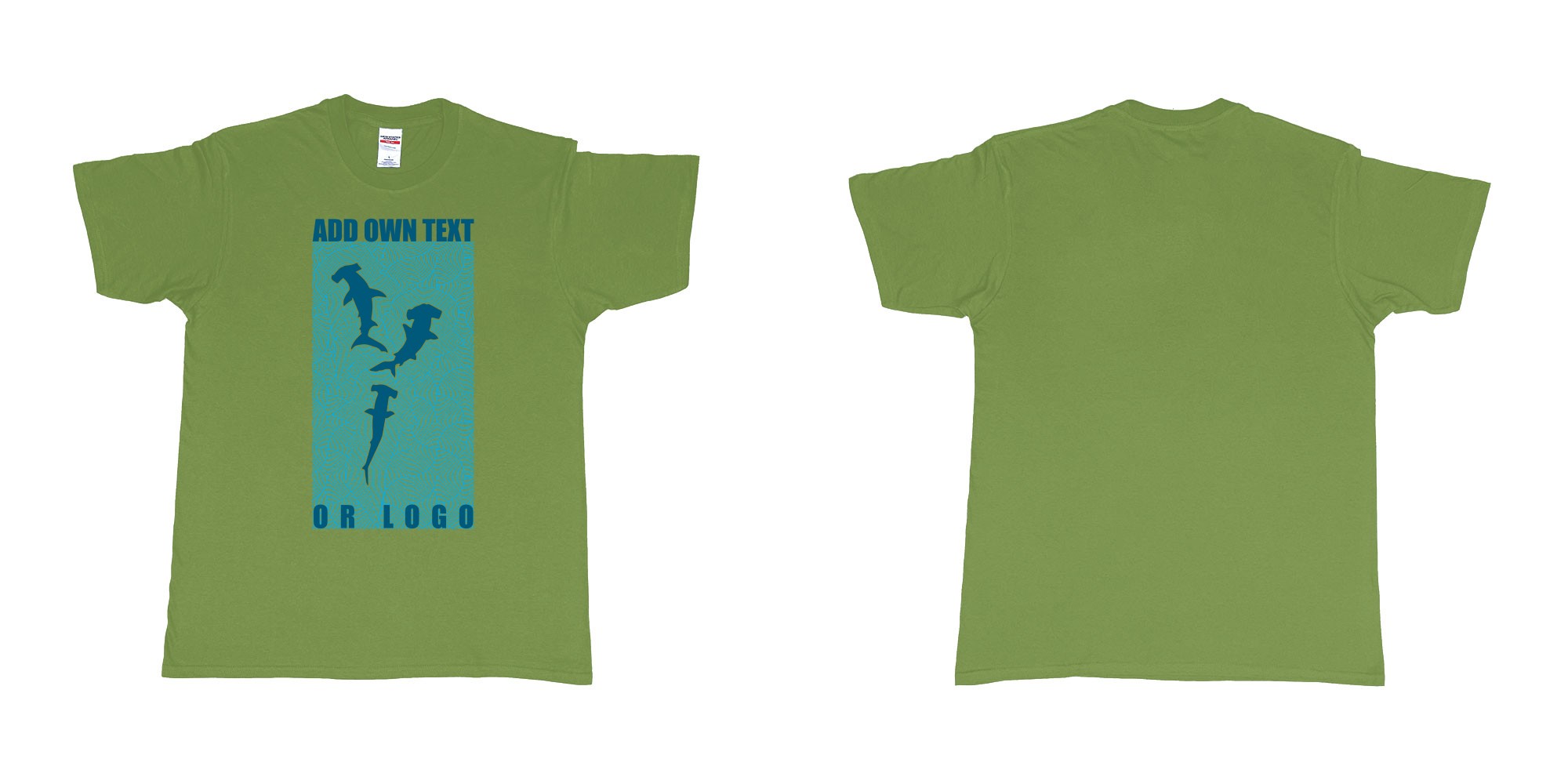 Custom tshirt design hammerheadsharks siluetts scuba diving design in fabric color military-green choice your own text made in Bali by The Pirate Way