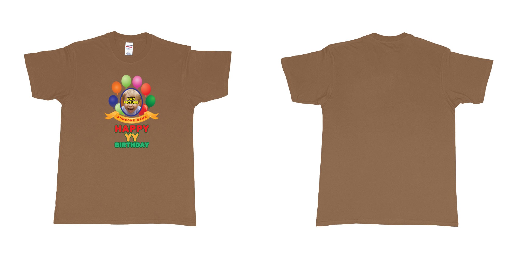 Custom tshirt design happy birthday balloon confetti custom name year t shirt printing bali in fabric color chestnut choice your own text made in Bali by The Pirate Way