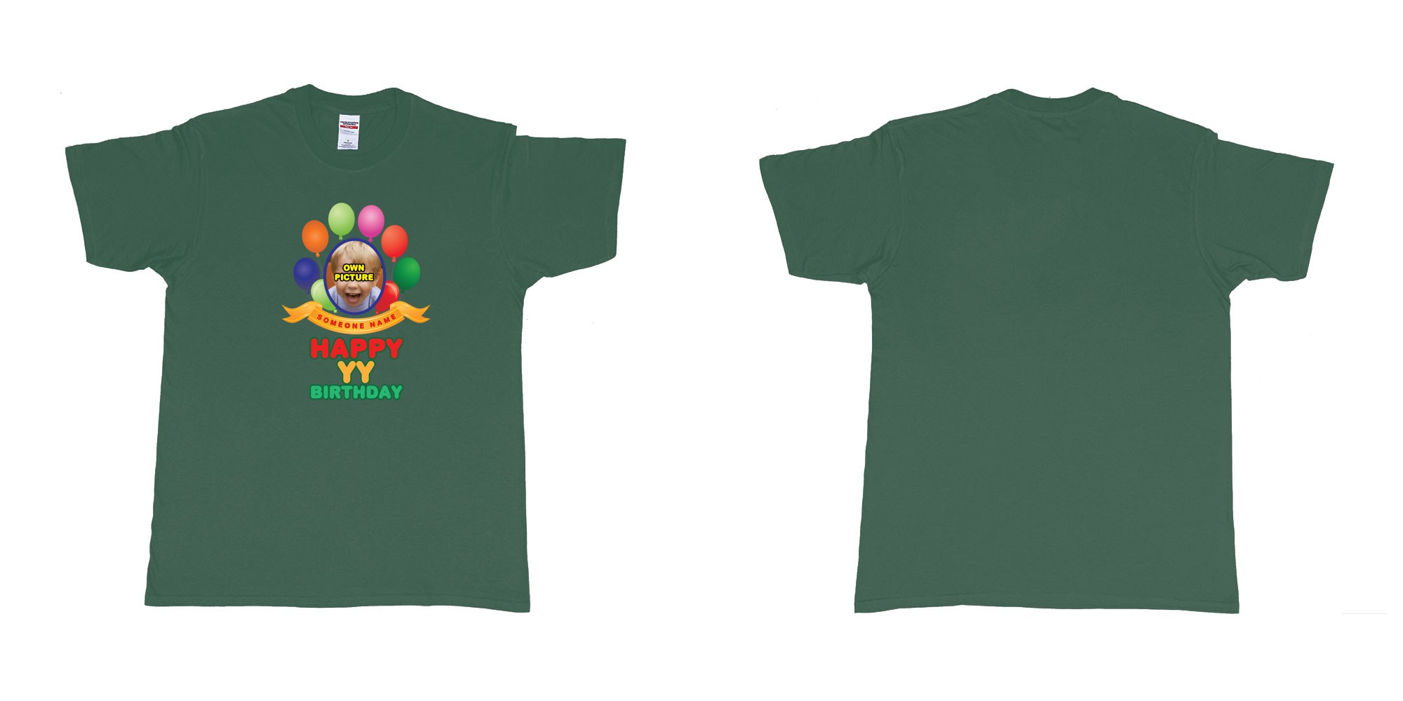 Custom tshirt design happy birthday balloon confetti custom name year t shirt printing bali in fabric color forest-green choice your own text made in Bali by The Pirate Way