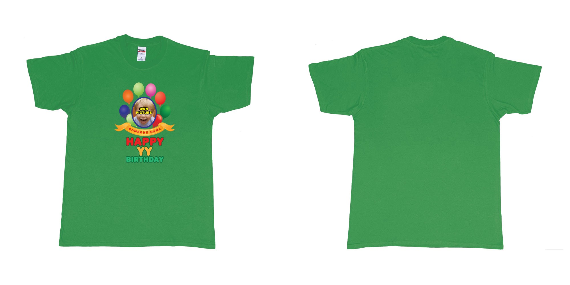 Custom tshirt design happy birthday balloon confetti custom name year t shirt printing bali in fabric color irish-green choice your own text made in Bali by The Pirate Way