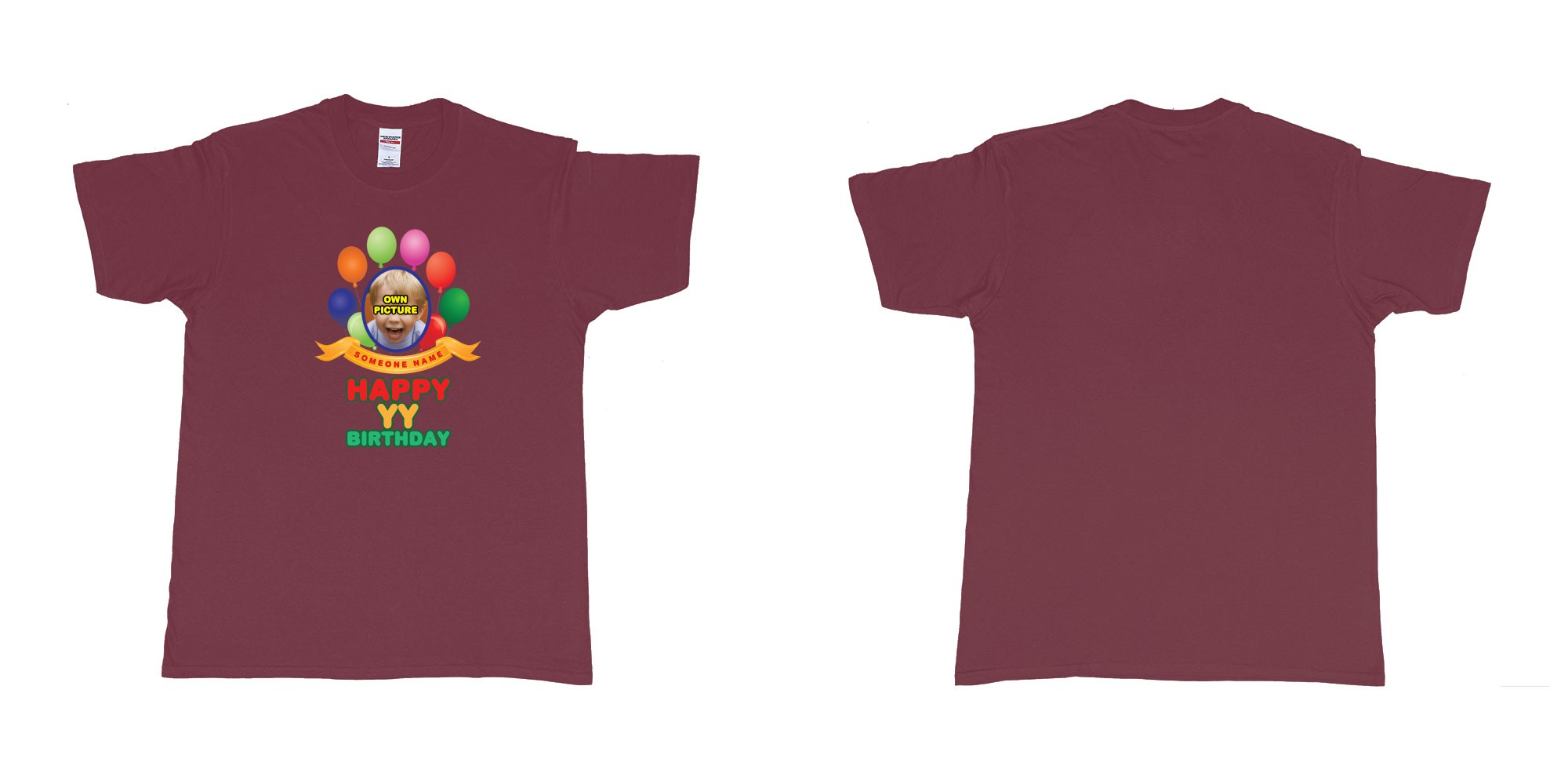 Custom tshirt design happy birthday balloon confetti custom name year t shirt printing bali in fabric color marron choice your own text made in Bali by The Pirate Way