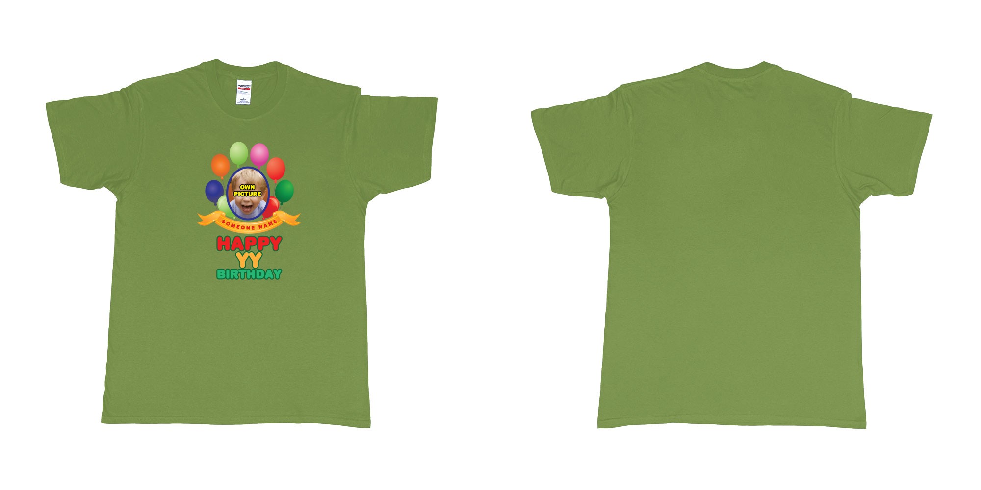 Custom tshirt design happy birthday balloon confetti custom name year t shirt printing bali in fabric color military-green choice your own text made in Bali by The Pirate Way