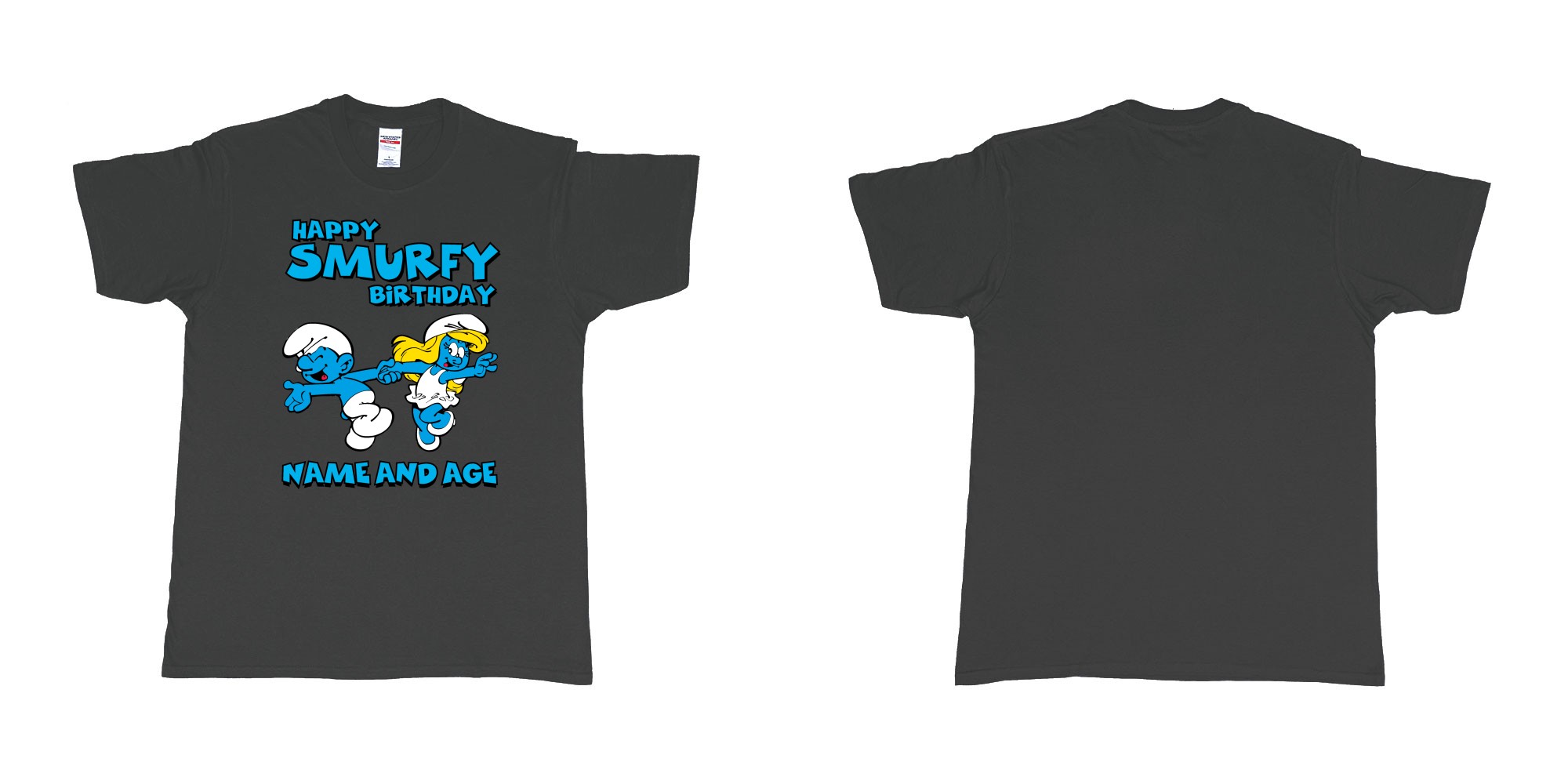 Custom tshirt design happy smurfy birthday in fabric color black choice your own text made in Bali by The Pirate Way