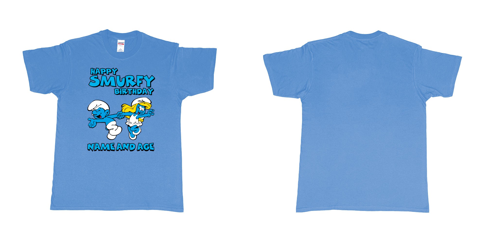 Custom tshirt design happy smurfy birthday in fabric color carolina-blue choice your own text made in Bali by The Pirate Way