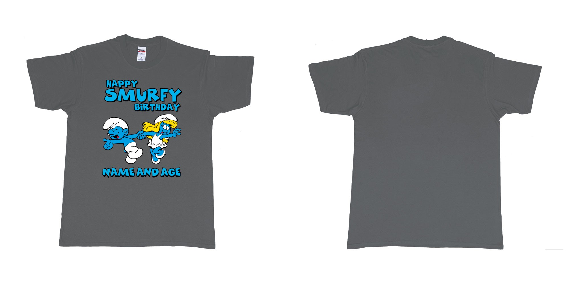 Custom tshirt design happy smurfy birthday in fabric color charcoal choice your own text made in Bali by The Pirate Way