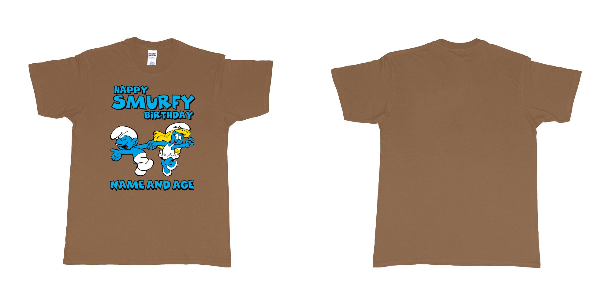 Custom tshirt design happy smurfy birthday in fabric color chestnut choice your own text made in Bali by The Pirate Way