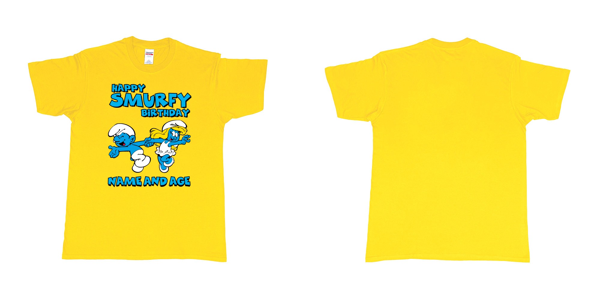 Custom tshirt design happy smurfy birthday in fabric color daisy choice your own text made in Bali by The Pirate Way
