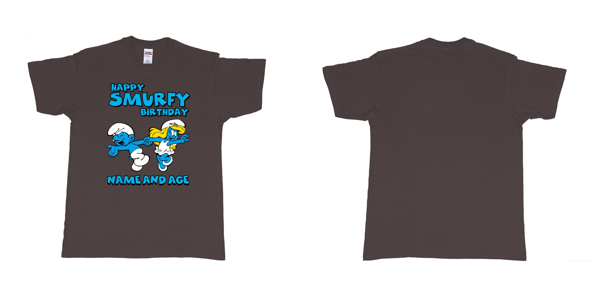 Custom tshirt design happy smurfy birthday in fabric color dark-chocolate choice your own text made in Bali by The Pirate Way