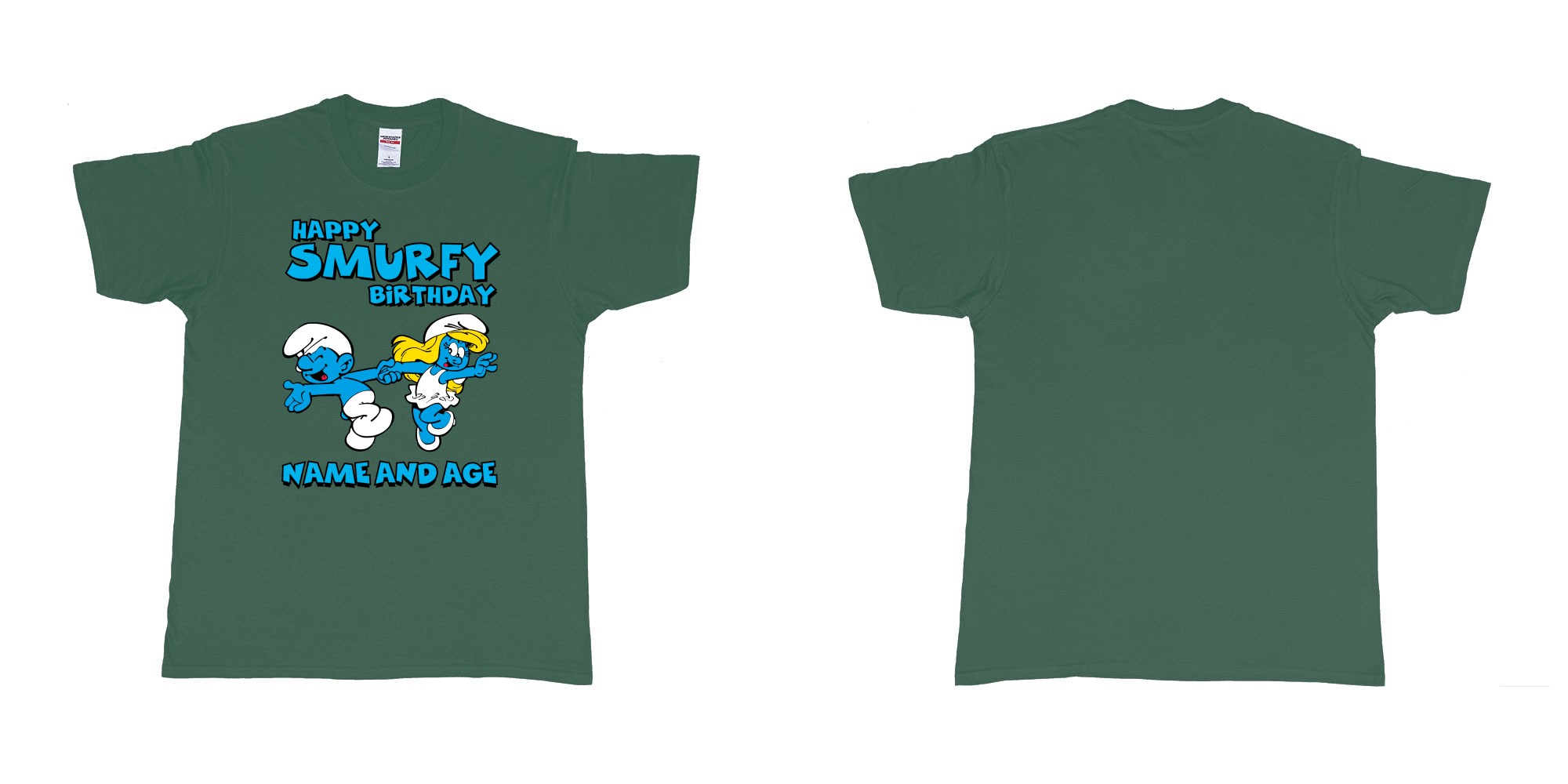 Custom tshirt design happy smurfy birthday in fabric color forest-green choice your own text made in Bali by The Pirate Way