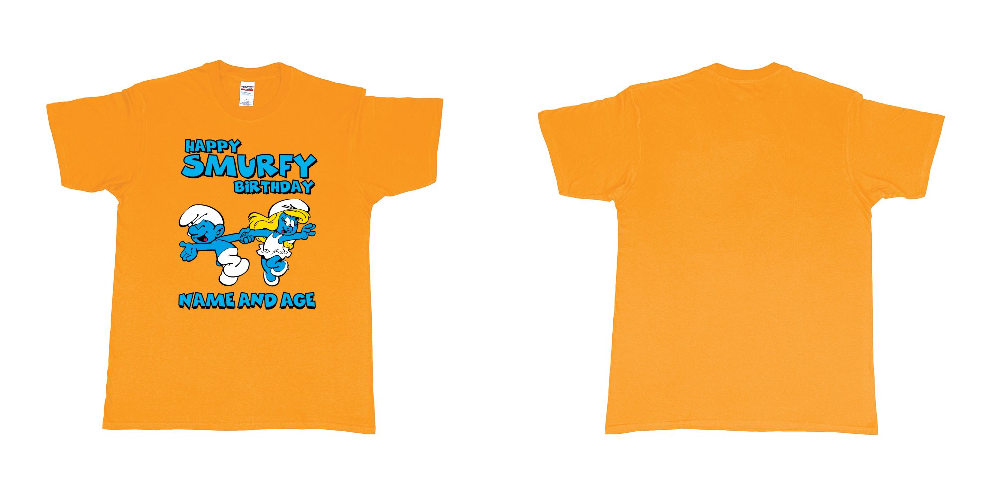 Custom tshirt design happy smurfy birthday in fabric color gold choice your own text made in Bali by The Pirate Way