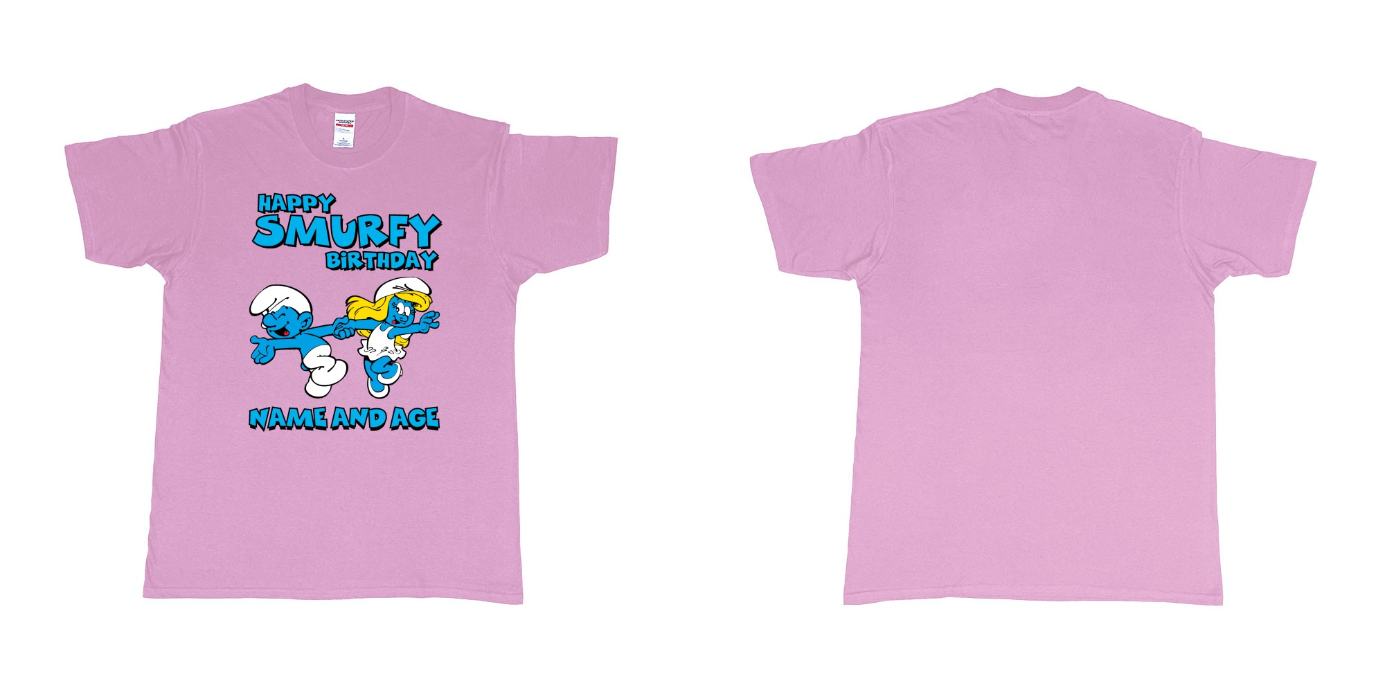 Custom tshirt design happy smurfy birthday in fabric color light-pink choice your own text made in Bali by The Pirate Way