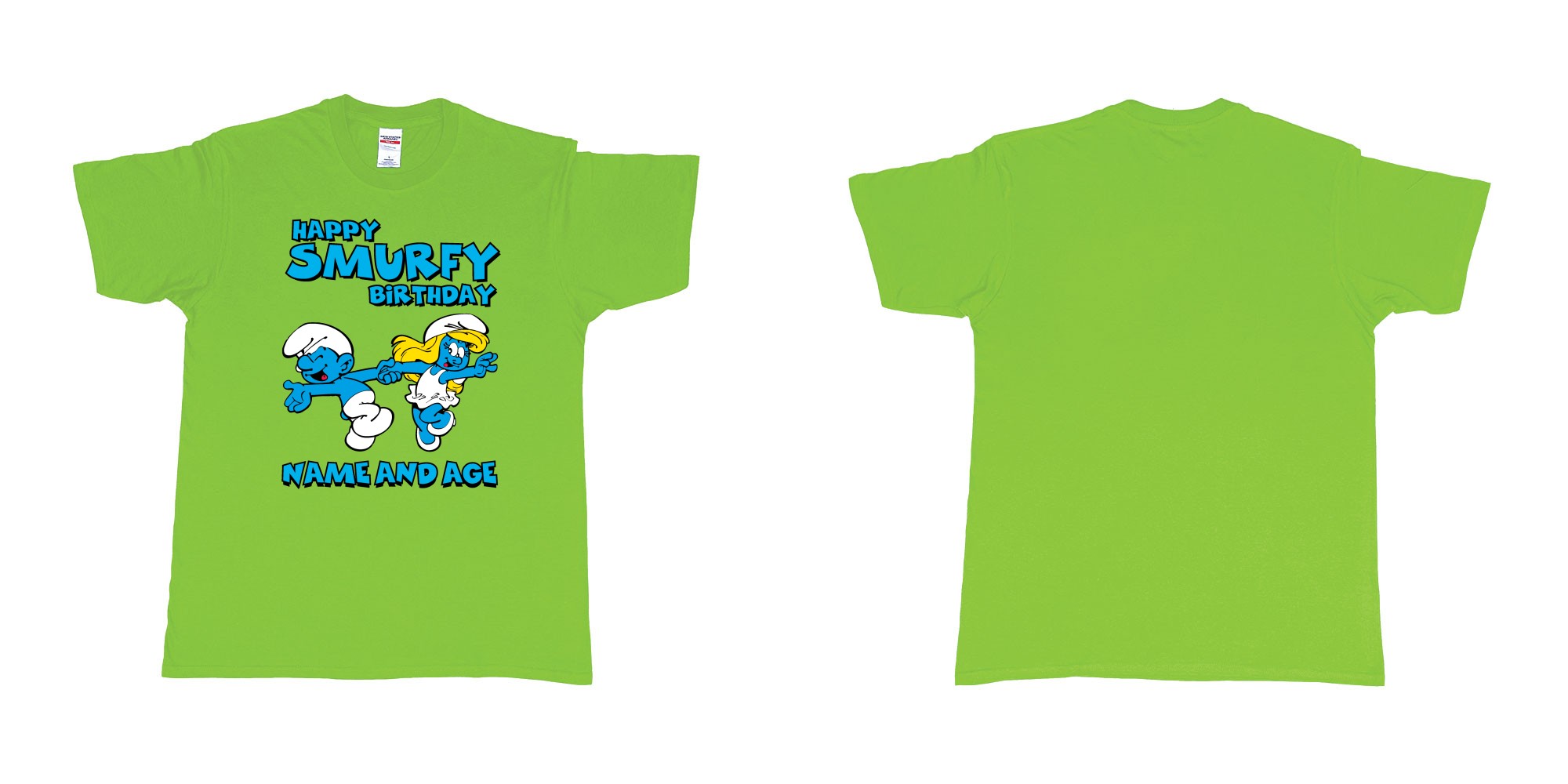 Custom tshirt design happy smurfy birthday in fabric color lime choice your own text made in Bali by The Pirate Way