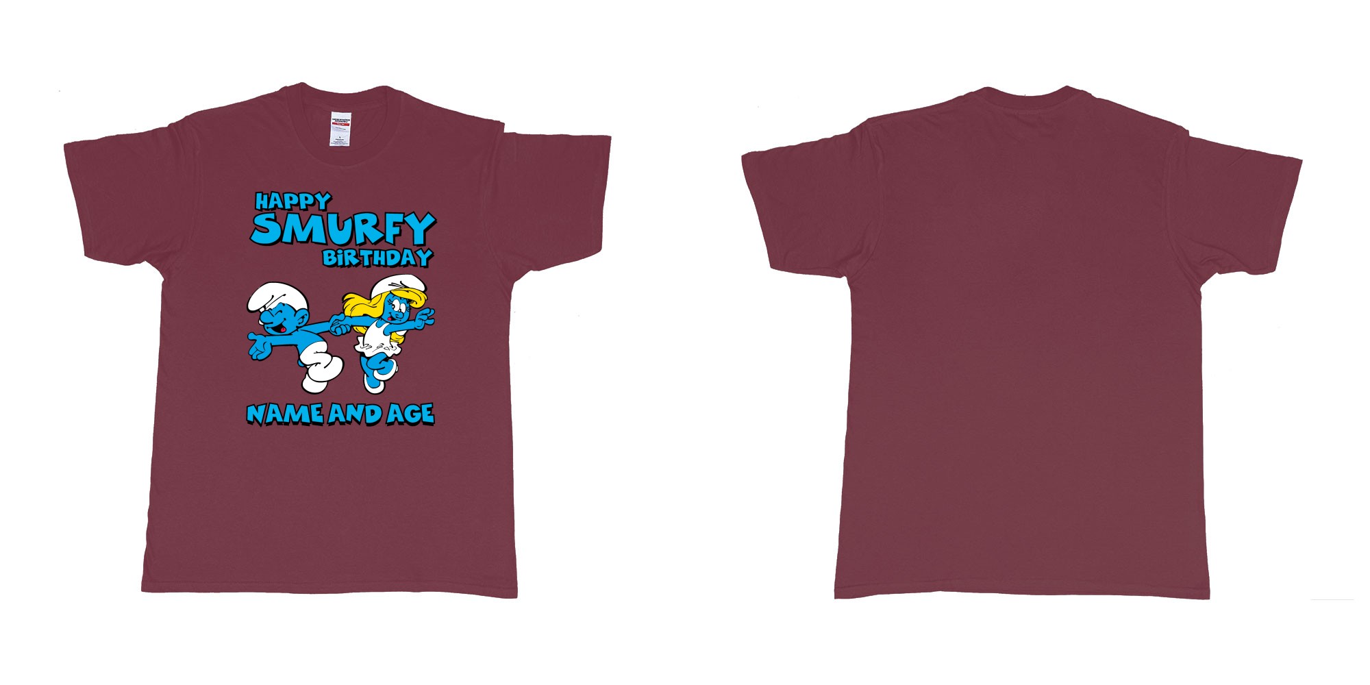 Custom tshirt design happy smurfy birthday in fabric color marron choice your own text made in Bali by The Pirate Way