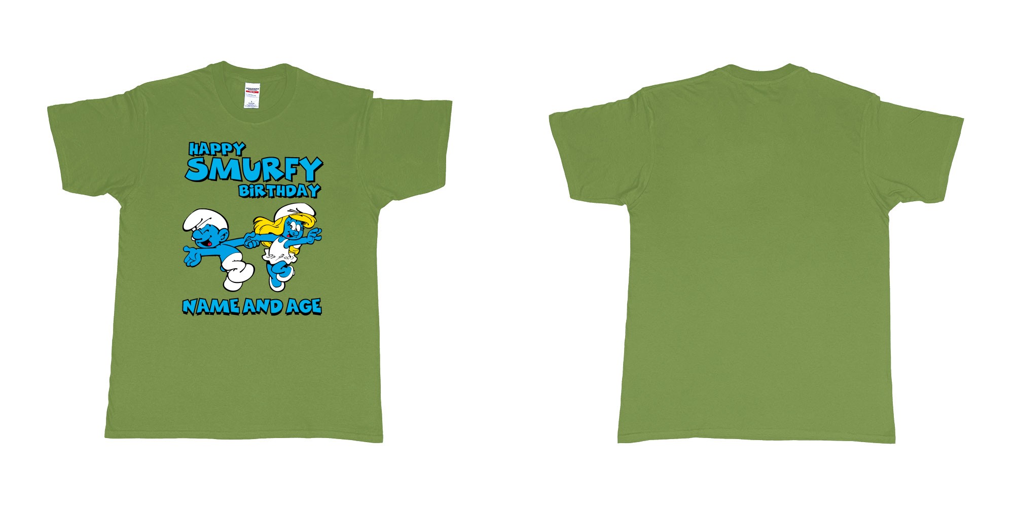 Custom tshirt design happy smurfy birthday in fabric color military-green choice your own text made in Bali by The Pirate Way