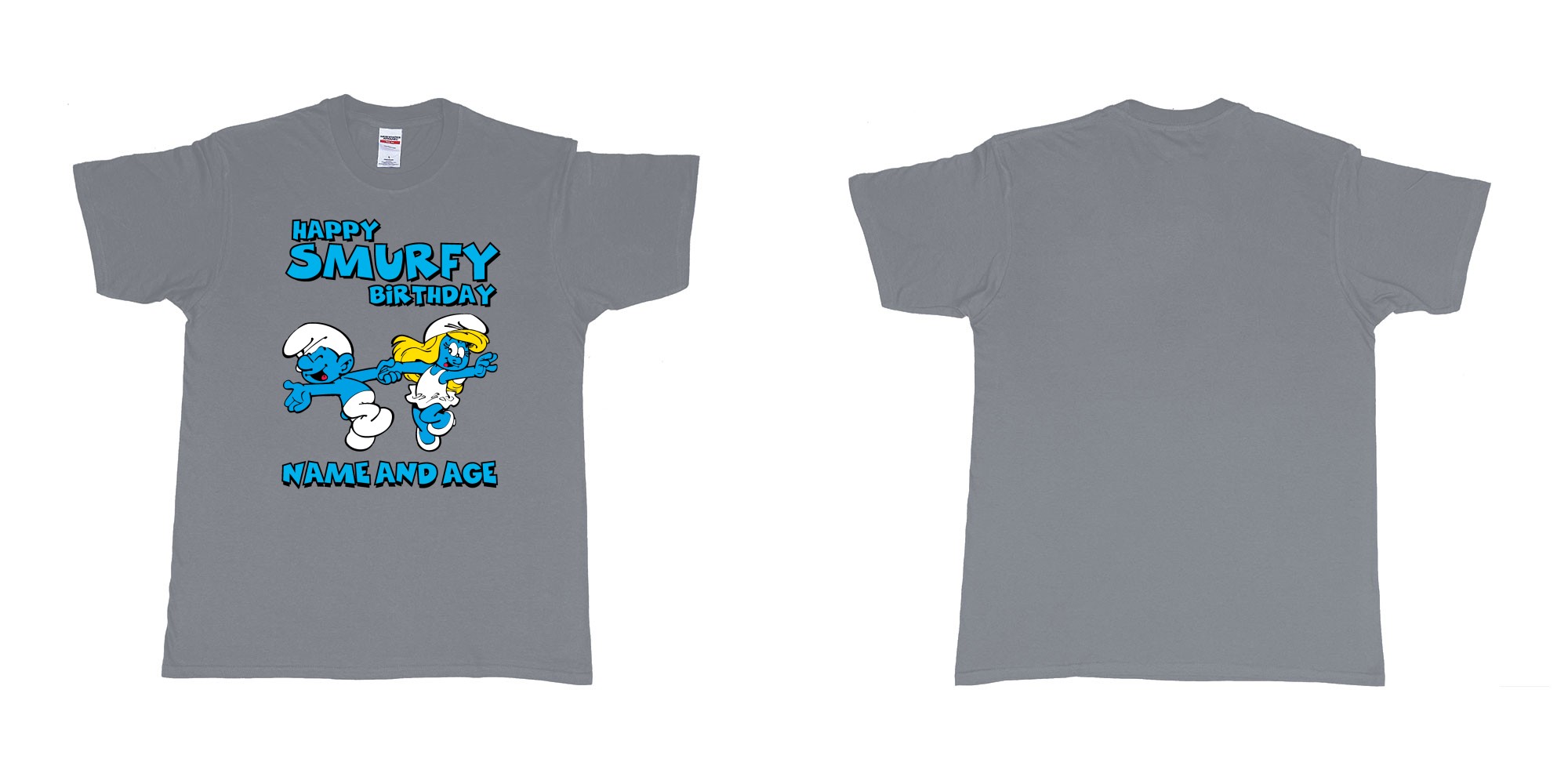 Custom tshirt design happy smurfy birthday in fabric color misty choice your own text made in Bali by The Pirate Way