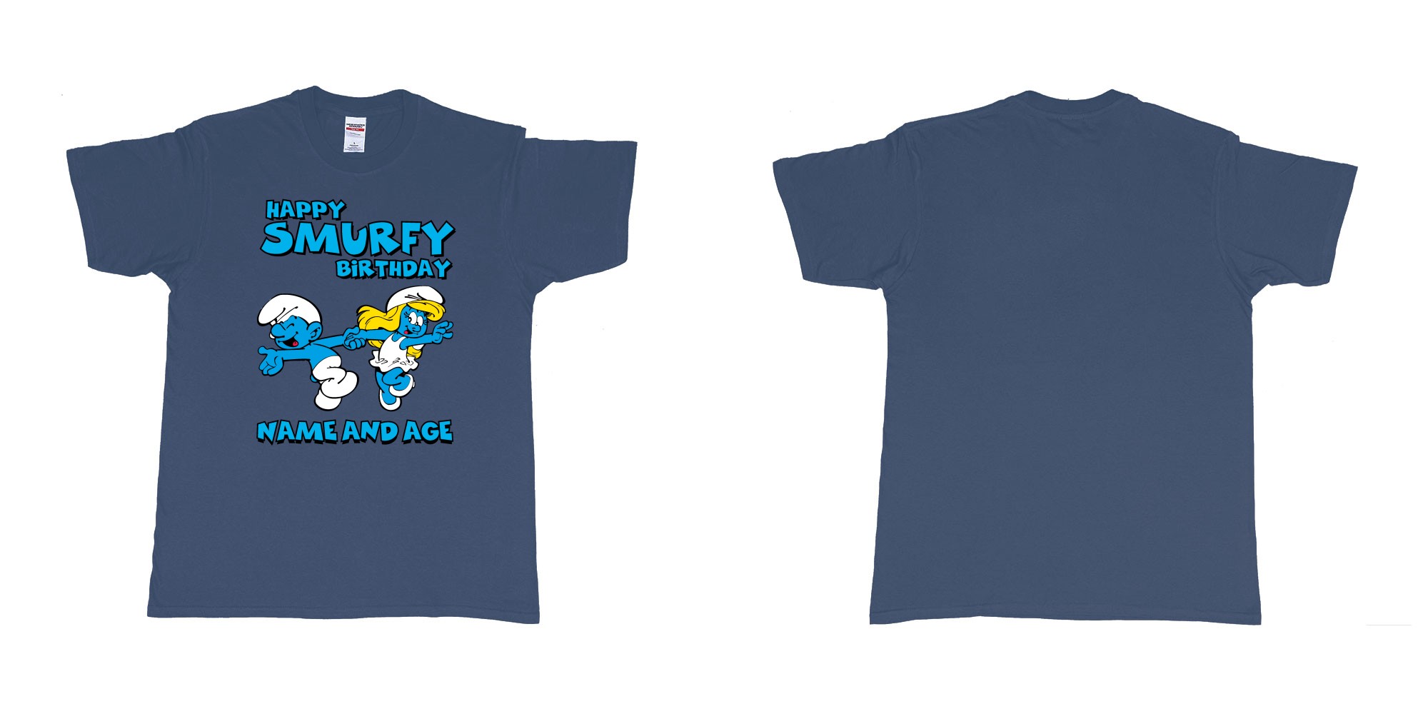 Custom tshirt design happy smurfy birthday in fabric color navy choice your own text made in Bali by The Pirate Way