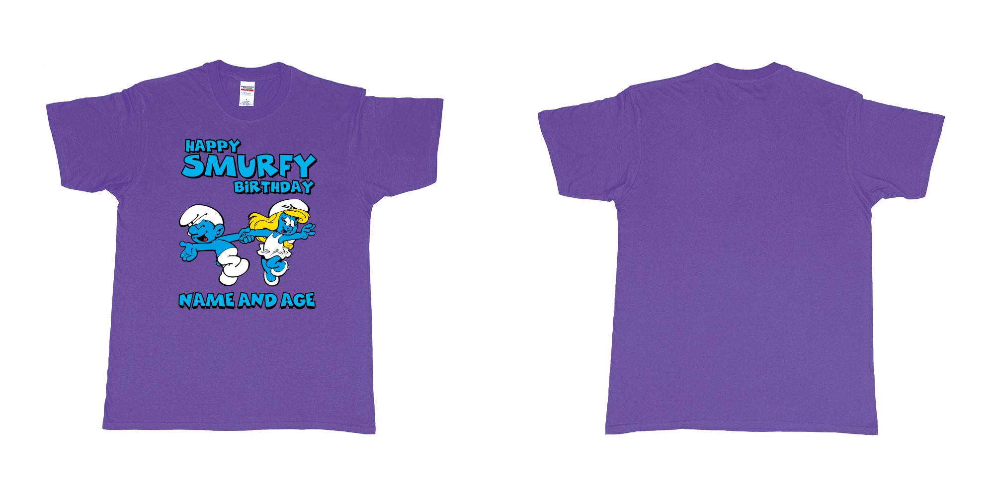 Custom tshirt design happy smurfy birthday in fabric color purple choice your own text made in Bali by The Pirate Way