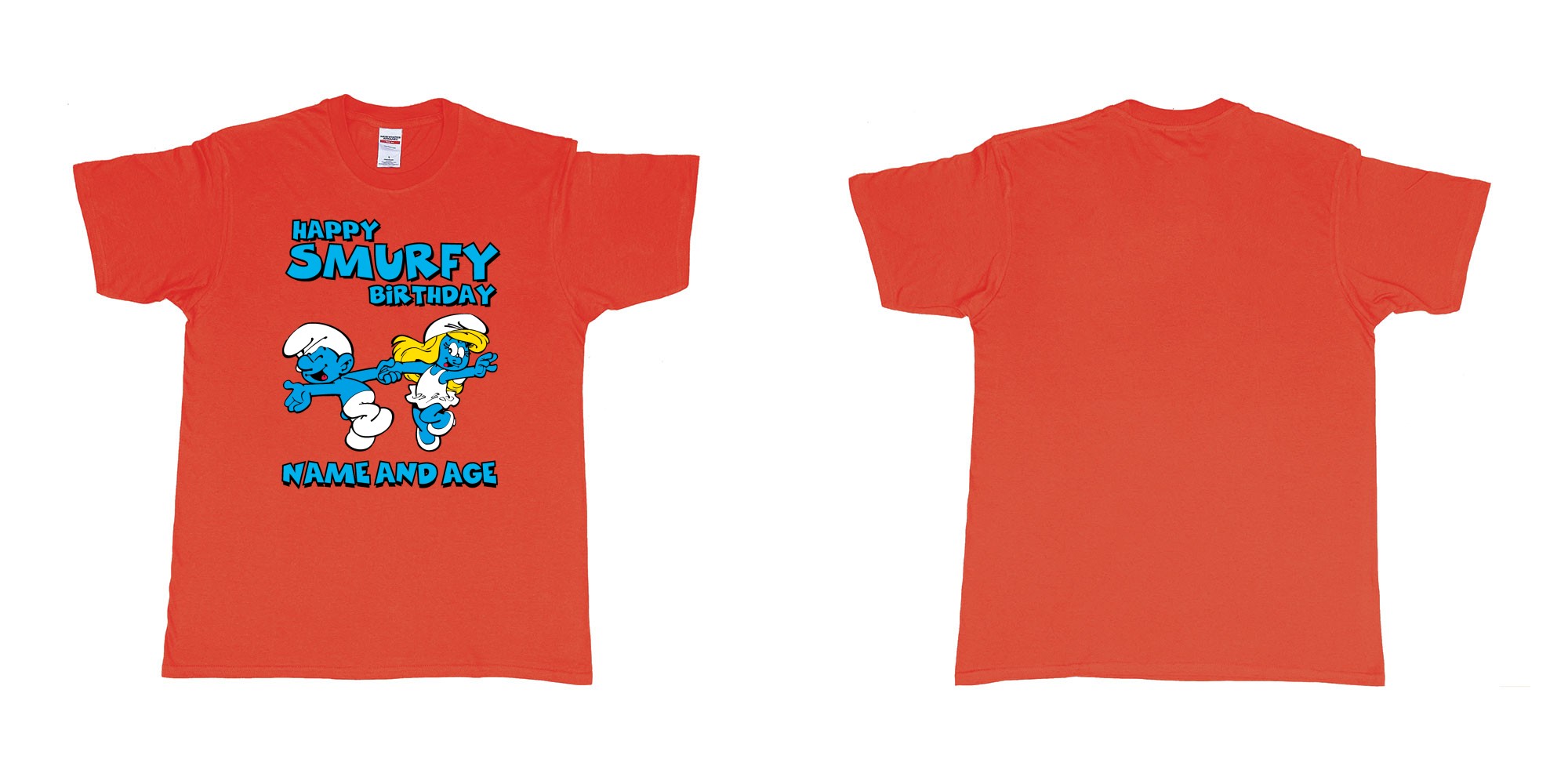 Custom tshirt design happy smurfy birthday in fabric color red choice your own text made in Bali by The Pirate Way
