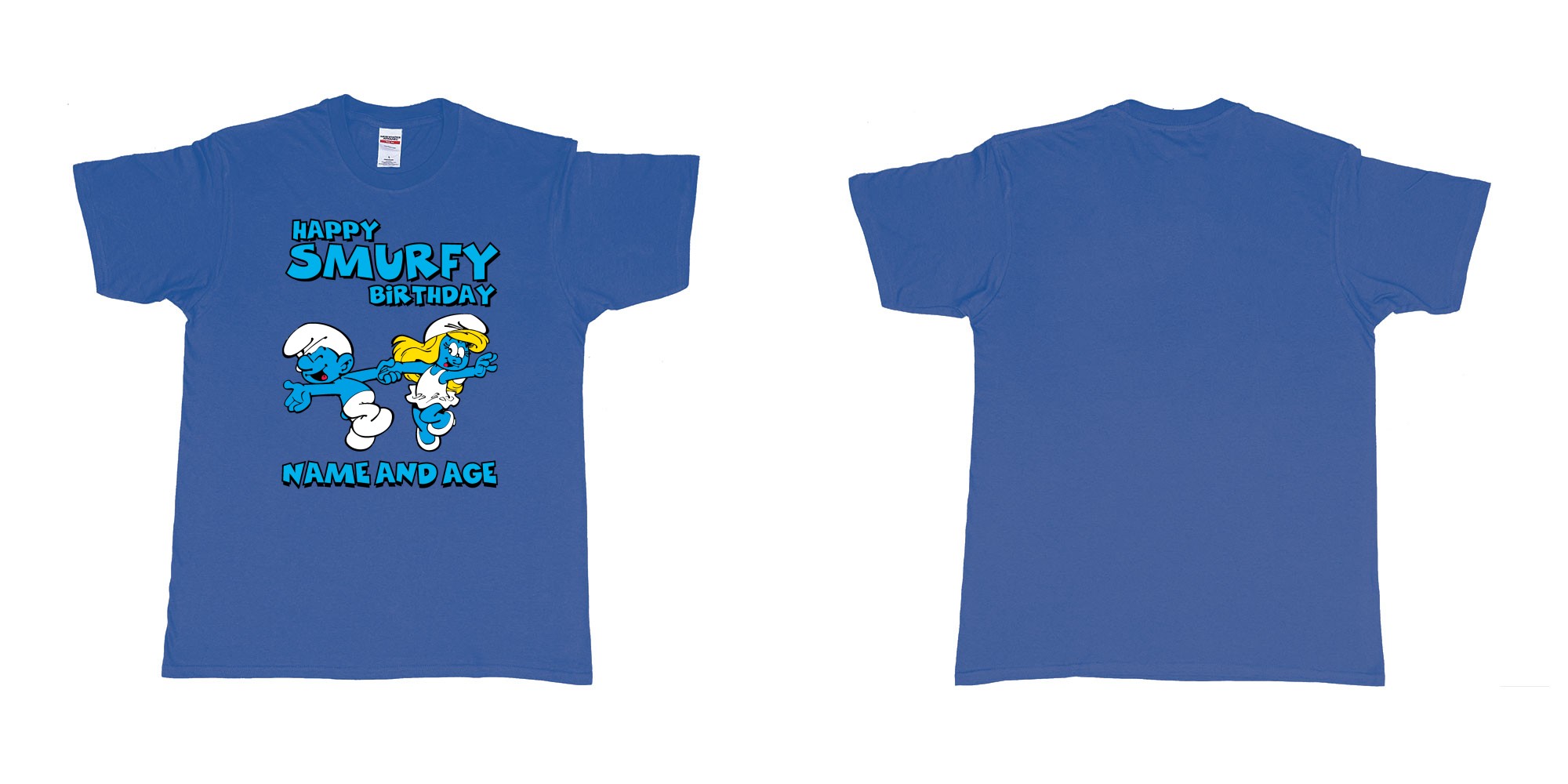 Custom tshirt design happy smurfy birthday in fabric color royal-blue choice your own text made in Bali by The Pirate Way