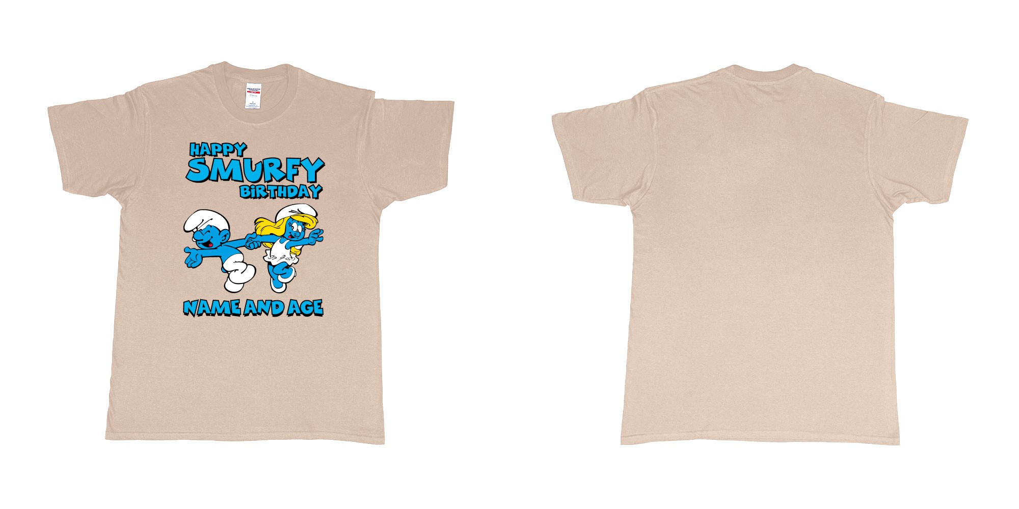 Custom tshirt design happy smurfy birthday in fabric color sand choice your own text made in Bali by The Pirate Way