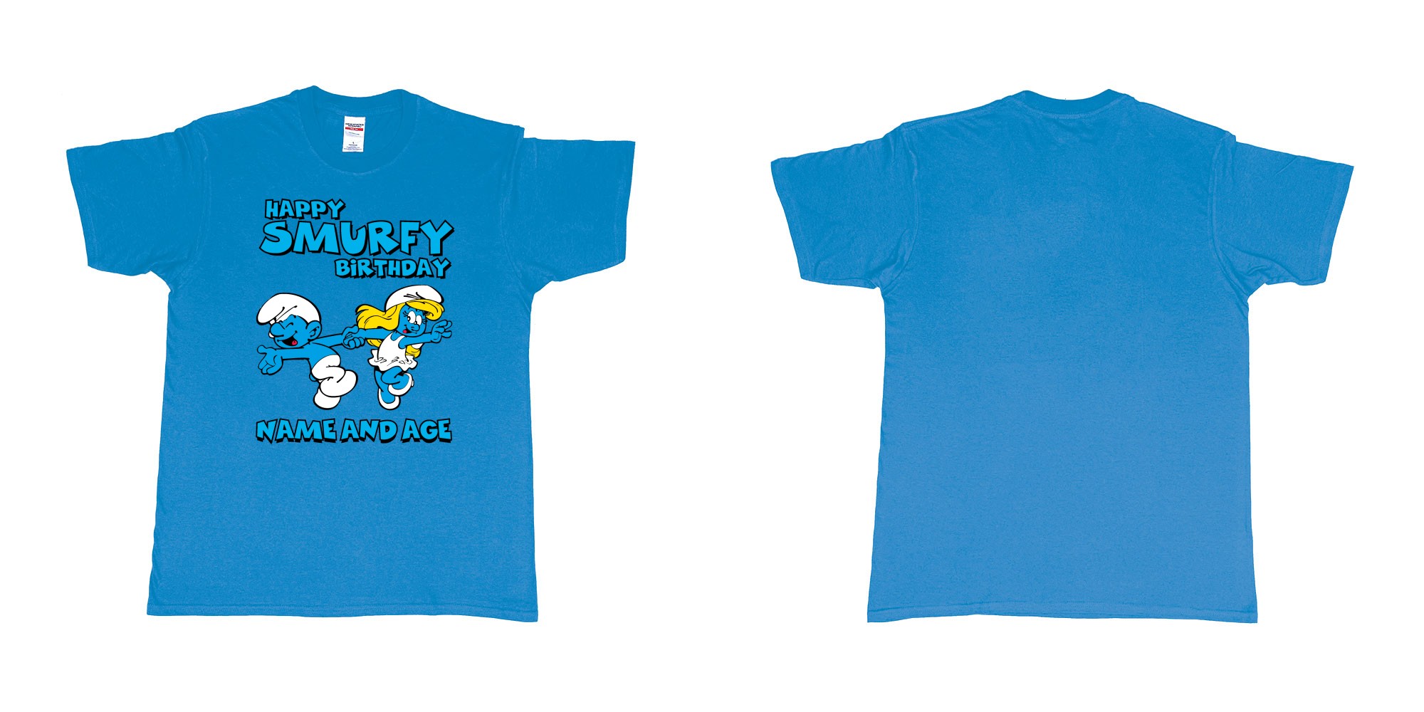 Custom tshirt design happy smurfy birthday in fabric color sapphire choice your own text made in Bali by The Pirate Way