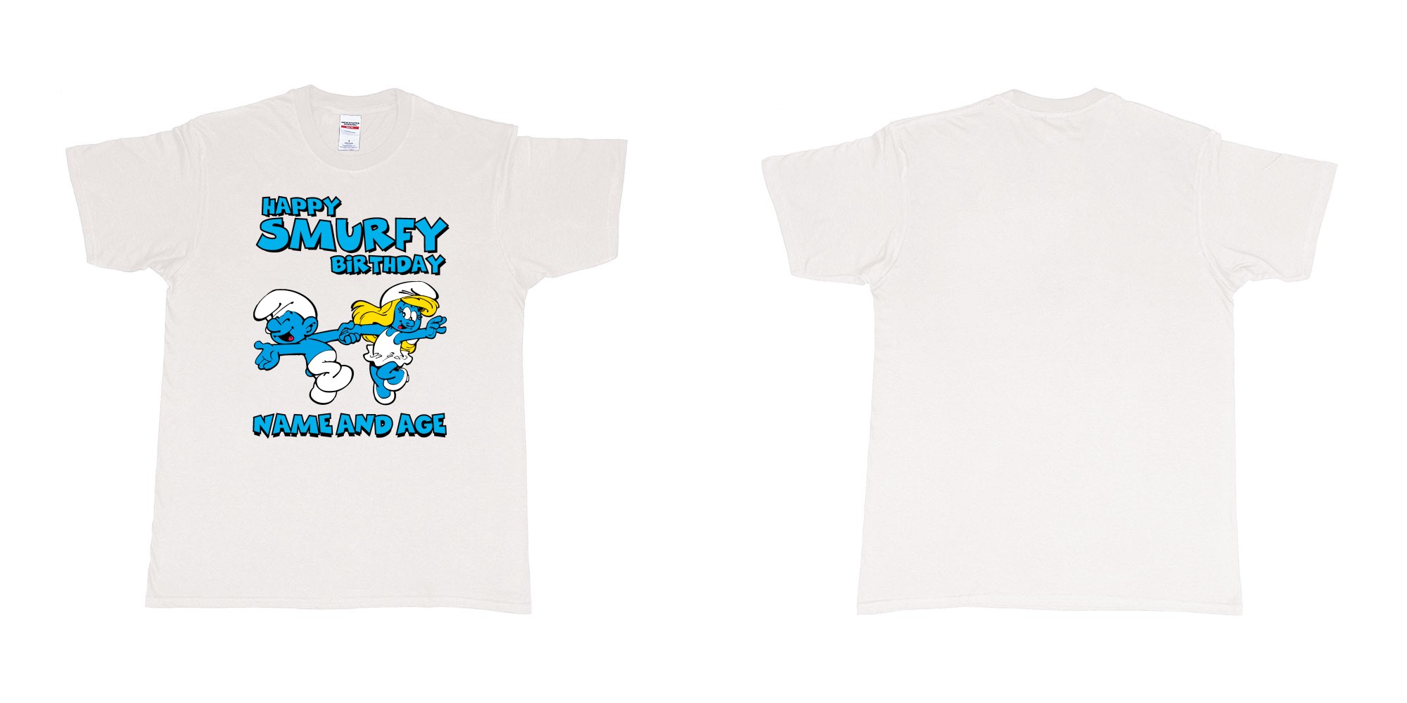 Custom tshirt design happy smurfy birthday in fabric color white choice your own text made in Bali by The Pirate Way