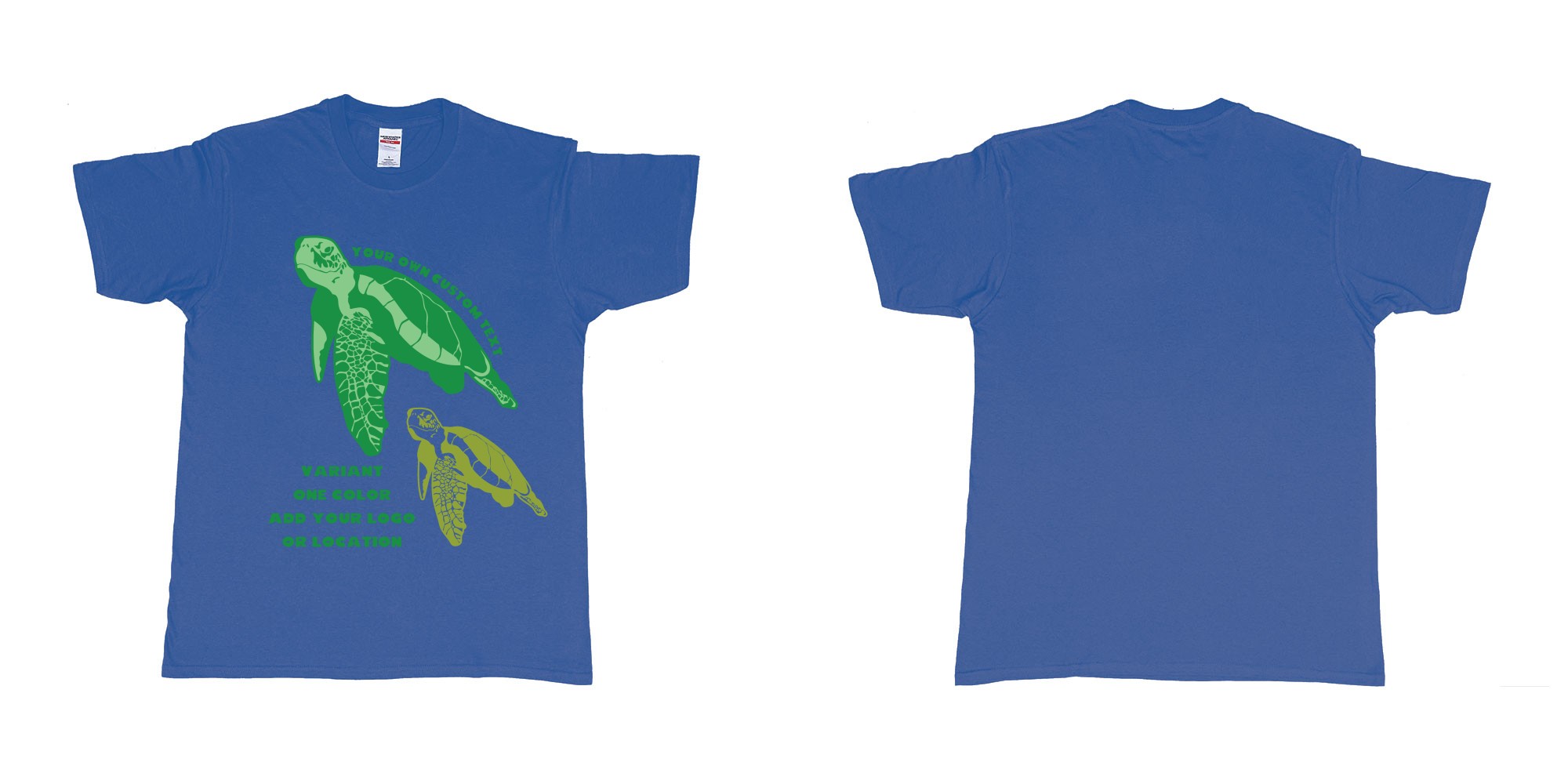 Custom tshirt design hawksbill green sea turtle chilling add logo in fabric color royal-blue choice your own text made in Bali by The Pirate Way