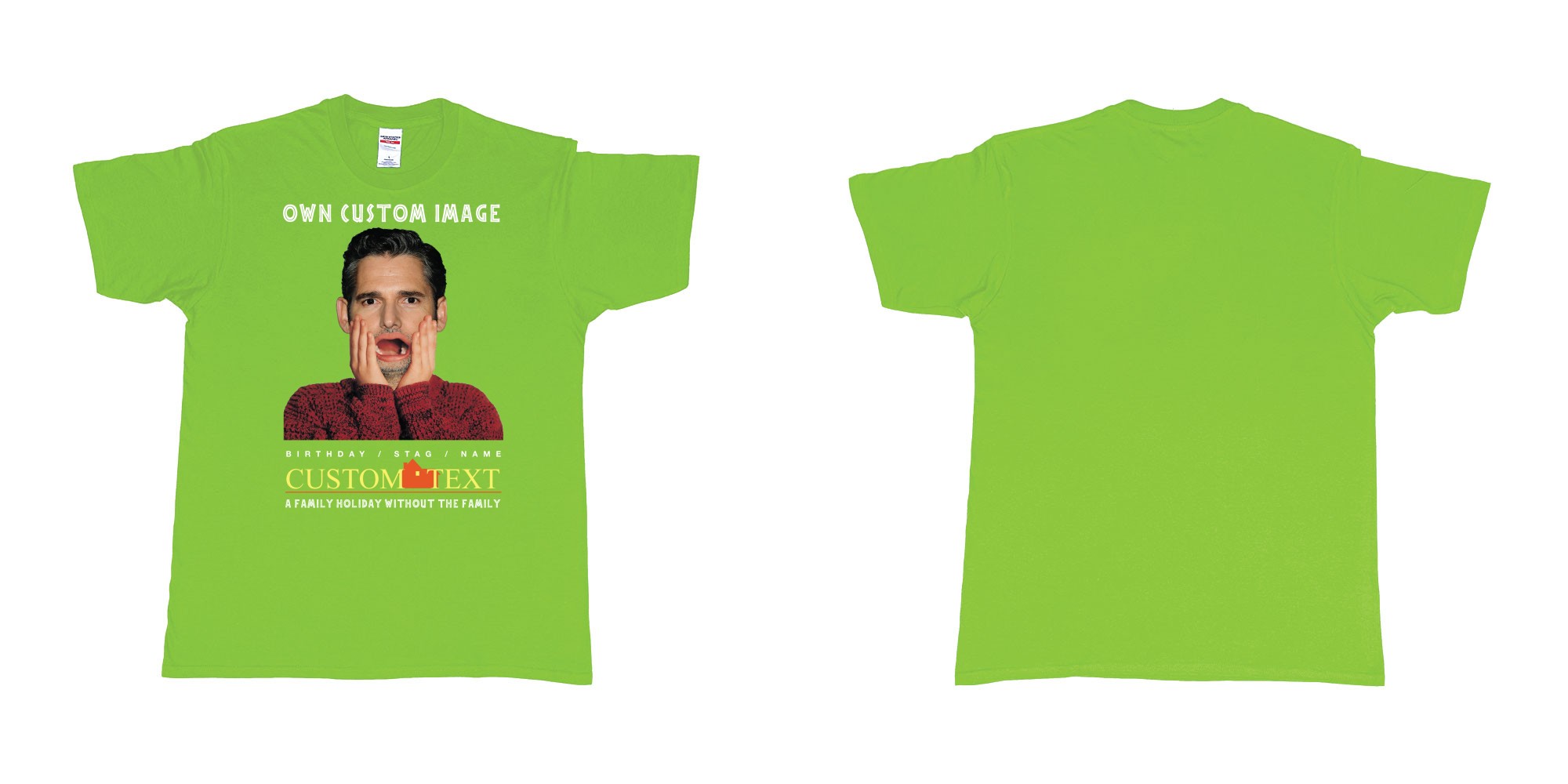 Custom tshirt design home alone custom image in fabric color lime choice your own text made in Bali by The Pirate Way
