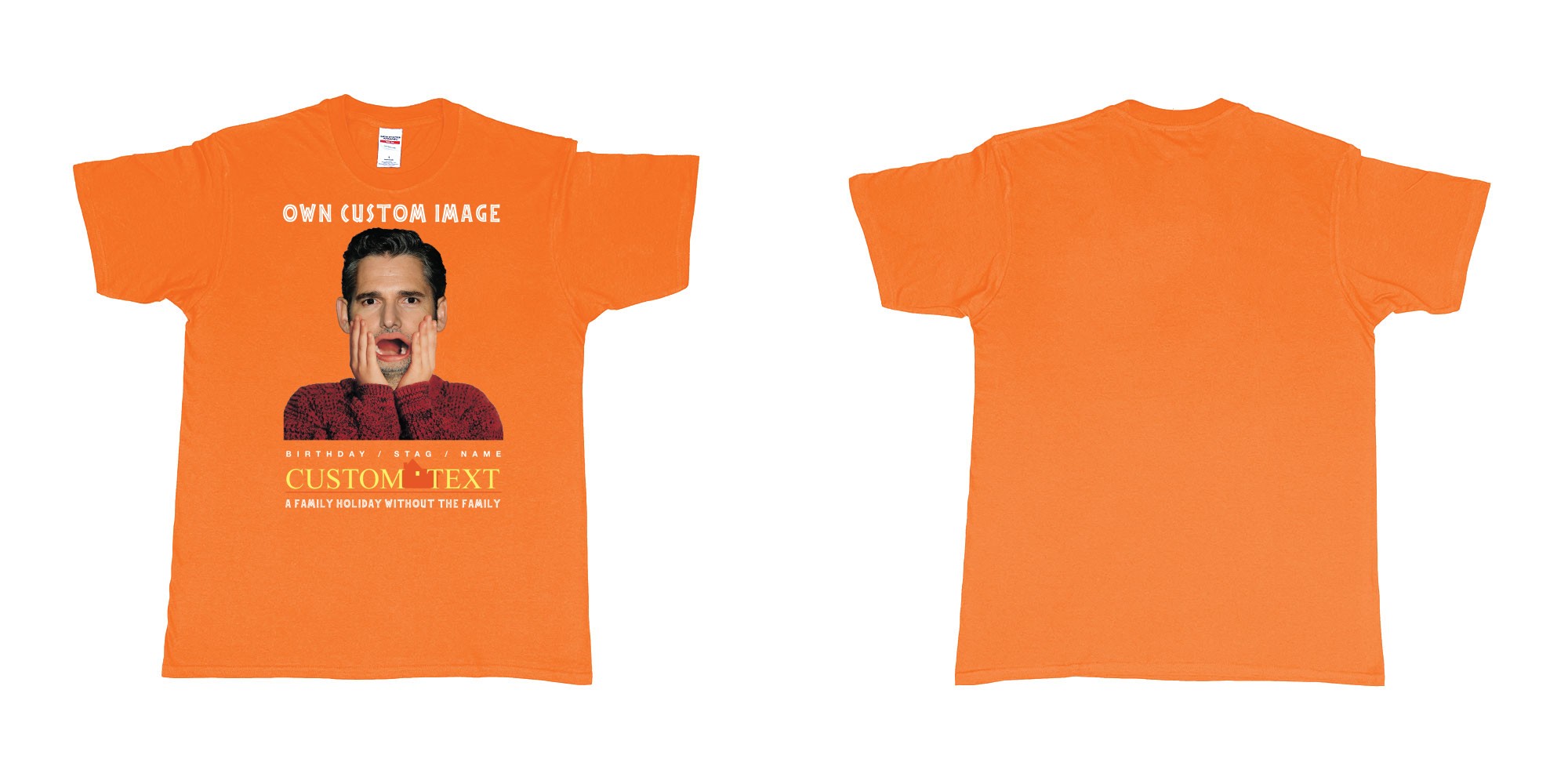 Custom tshirt design home alone custom image in fabric color orange choice your own text made in Bali by The Pirate Way