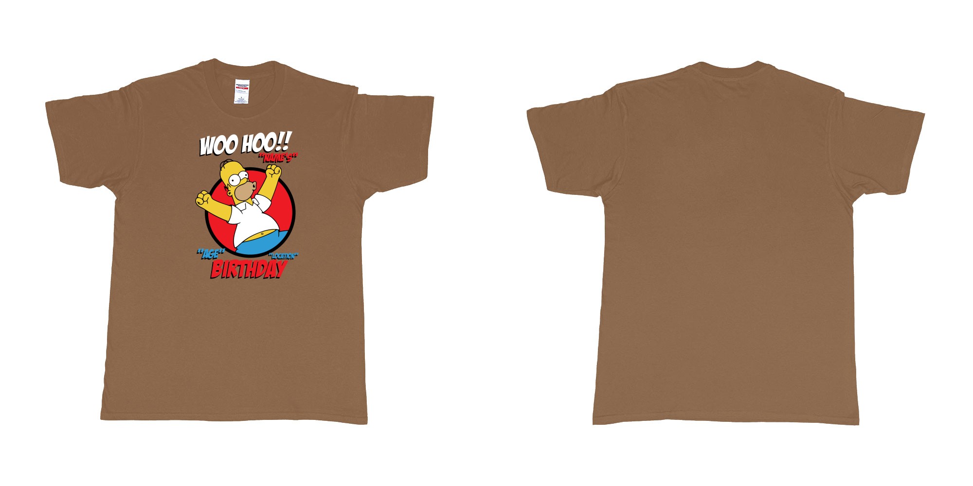 Custom tshirt design homer simpson woo hoo custom age name birthday in fabric color chestnut choice your own text made in Bali by The Pirate Way