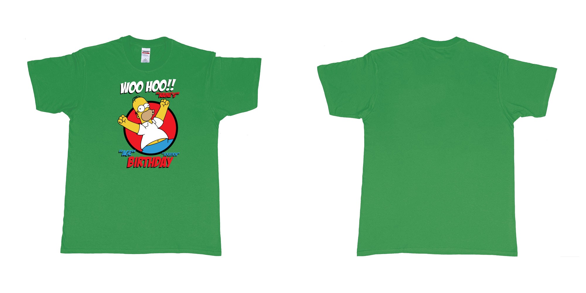 Custom tshirt design homer simpson woo hoo custom age name birthday in fabric color irish-green choice your own text made in Bali by The Pirate Way