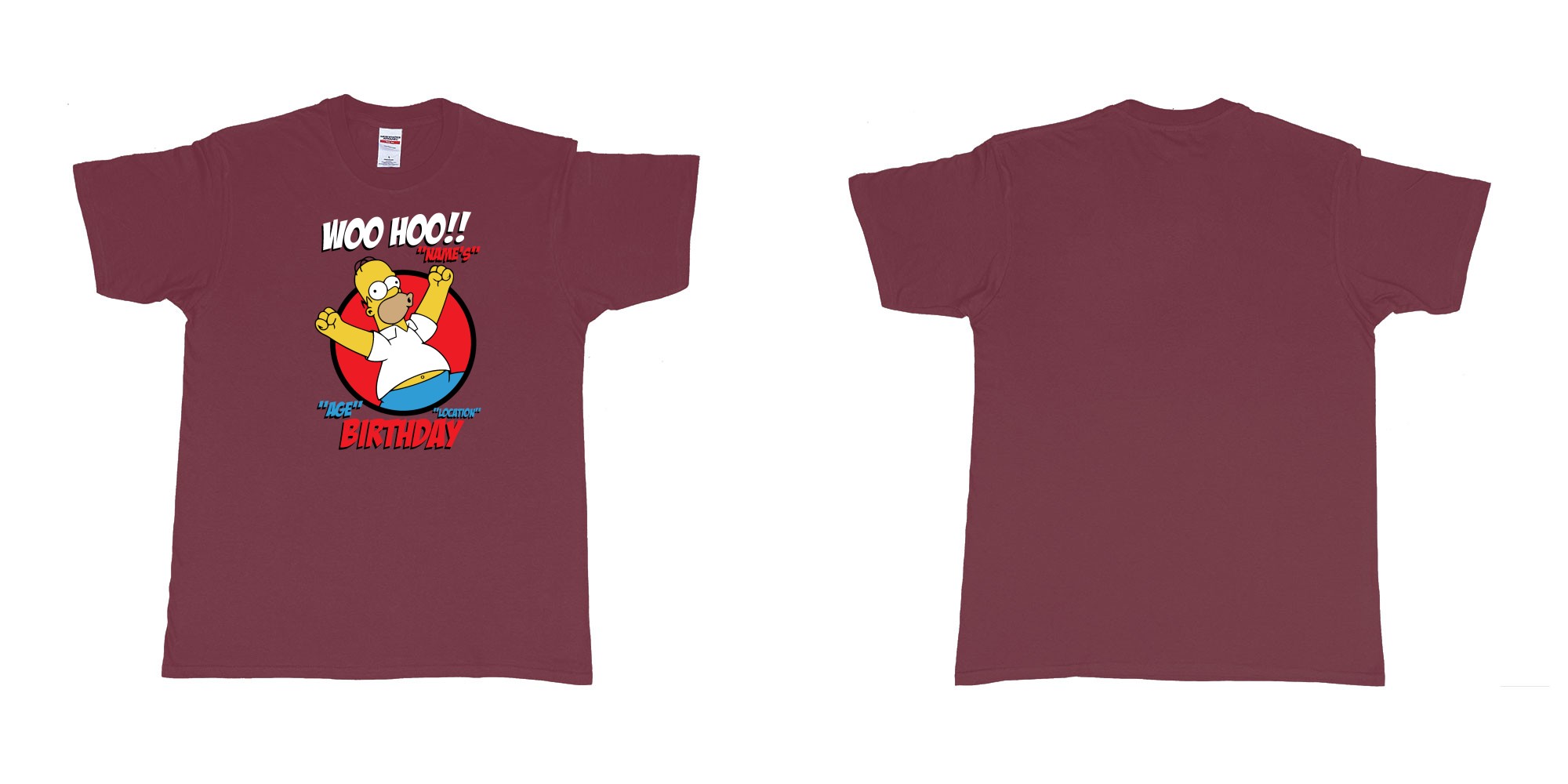 Custom tshirt design homer simpson woo hoo custom age name birthday in fabric color marron choice your own text made in Bali by The Pirate Way