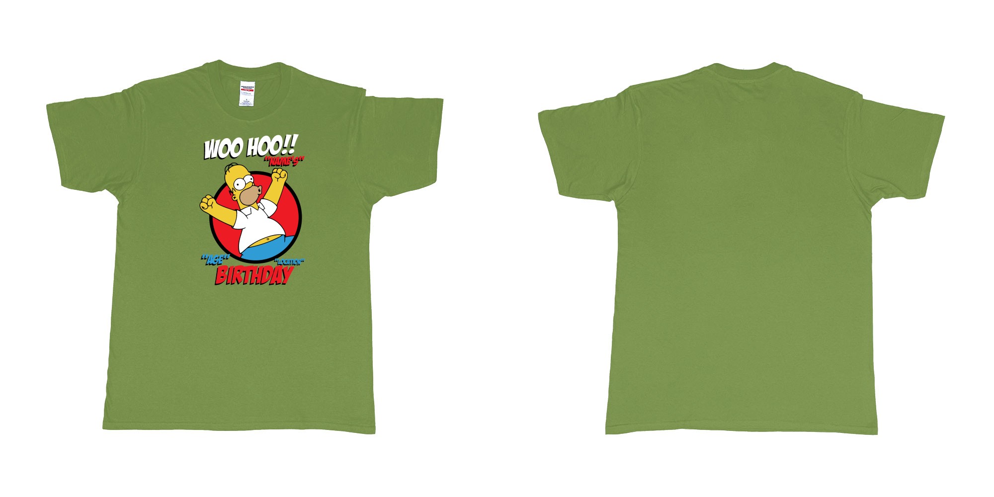 Custom tshirt design homer simpson woo hoo custom age name birthday in fabric color military-green choice your own text made in Bali by The Pirate Way