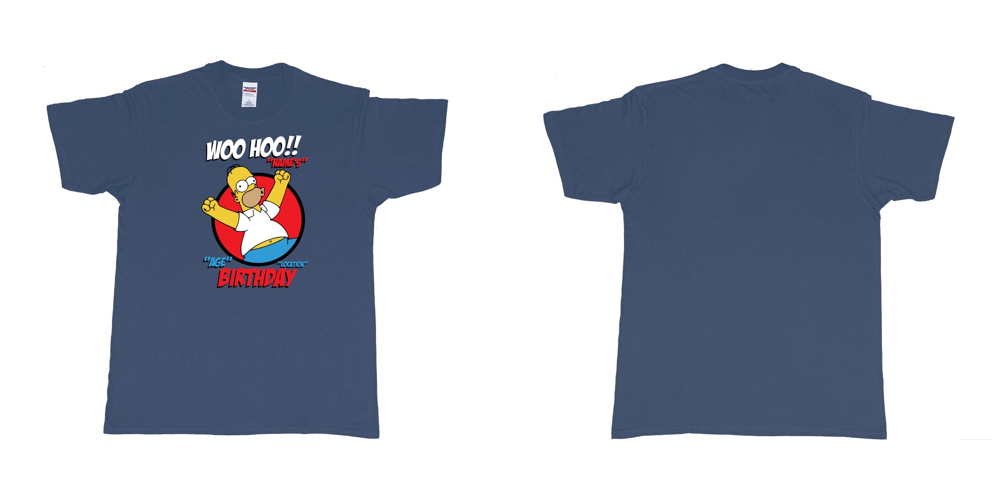 Custom tshirt design homer simpson woo hoo custom age name birthday in fabric color navy choice your own text made in Bali by The Pirate Way