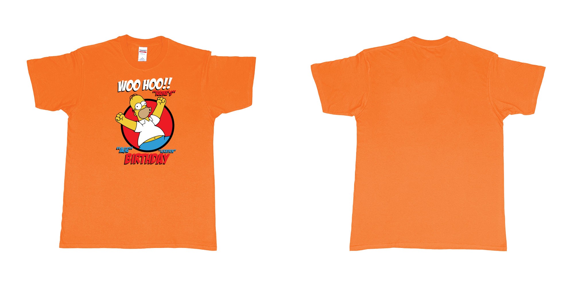 Custom tshirt design homer simpson woo hoo custom age name birthday in fabric color orange choice your own text made in Bali by The Pirate Way