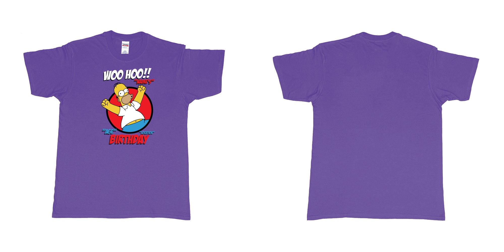 Custom tshirt design homer simpson woo hoo custom age name birthday in fabric color purple choice your own text made in Bali by The Pirate Way