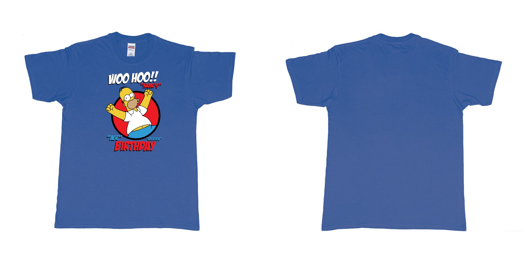 Custom tshirt design homer simpson woo hoo custom age name birthday in fabric color royal-blue choice your own text made in Bali by The Pirate Way