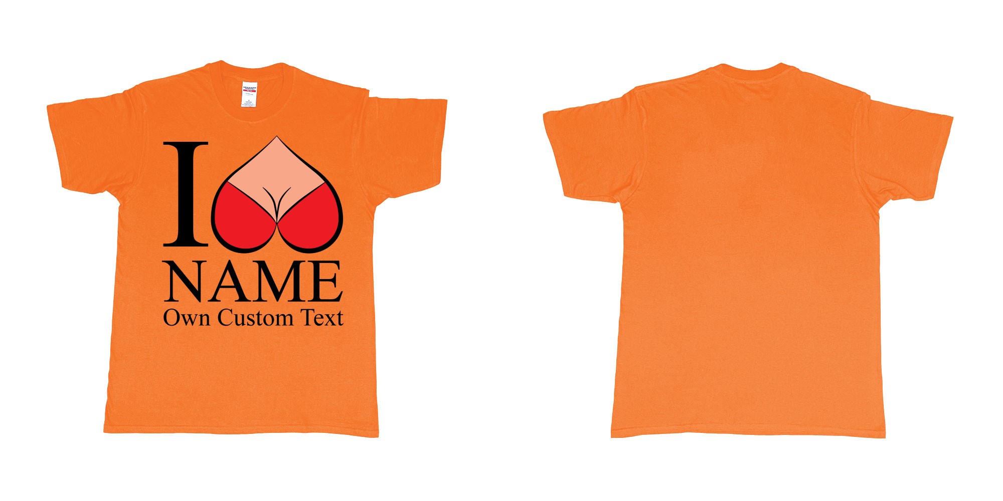 Custom tshirt design i reversed heart boobs custom text design print in fabric color orange choice your own text made in Bali by The Pirate Way