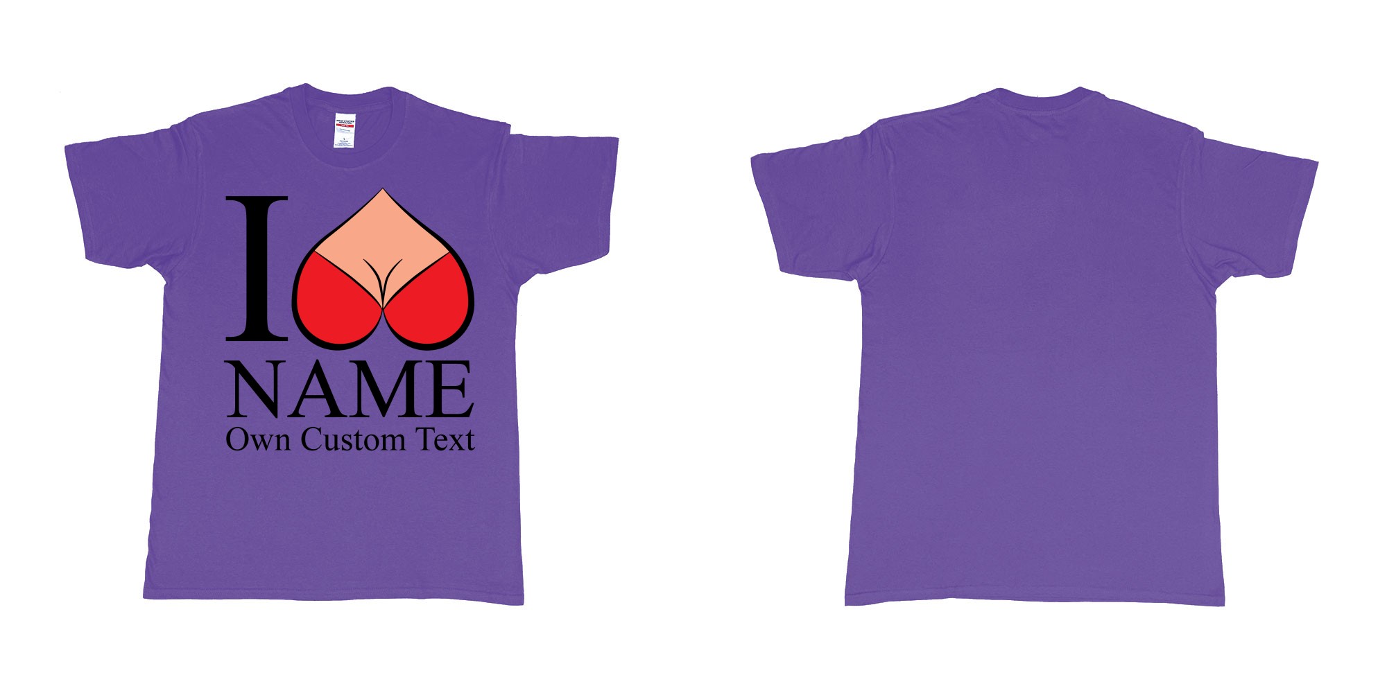 Custom tshirt design i reversed heart boobs custom text design print in fabric color purple choice your own text made in Bali by The Pirate Way