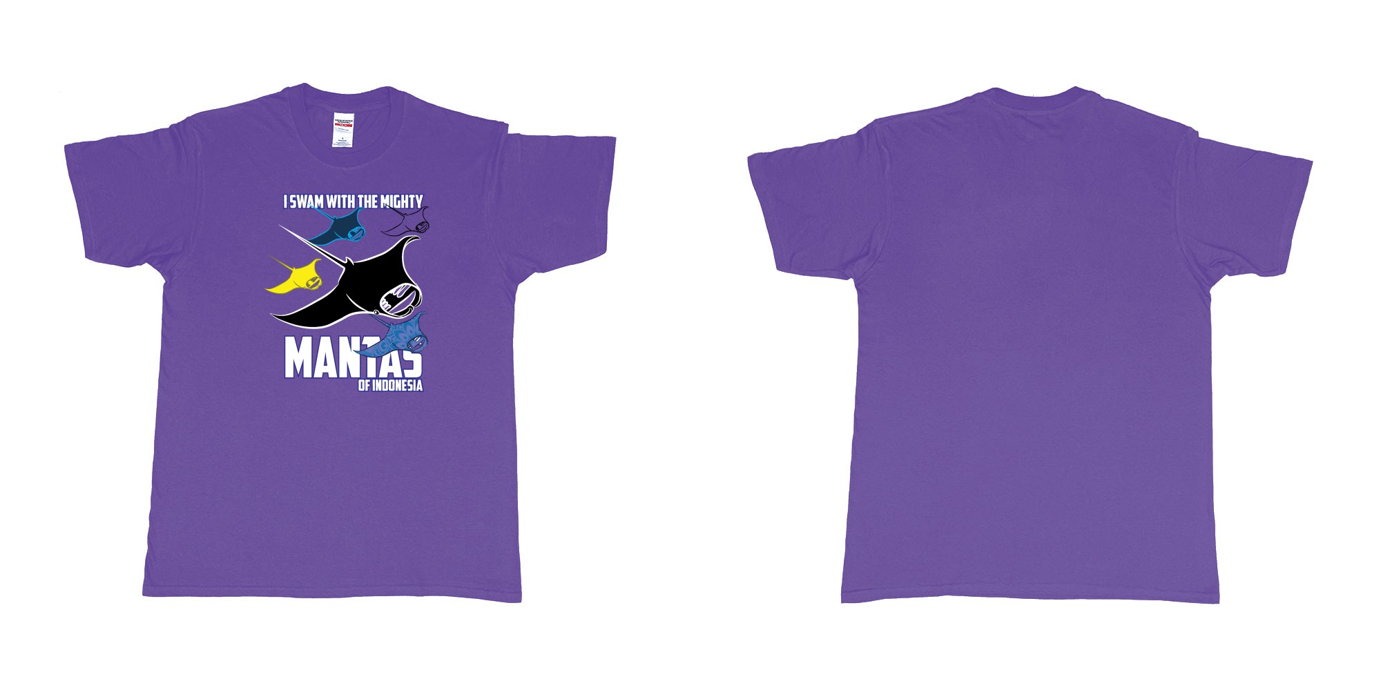 Custom tshirt design i swam with the mighty mantas of indonesia in fabric color purple choice your own text made in Bali by The Pirate Way