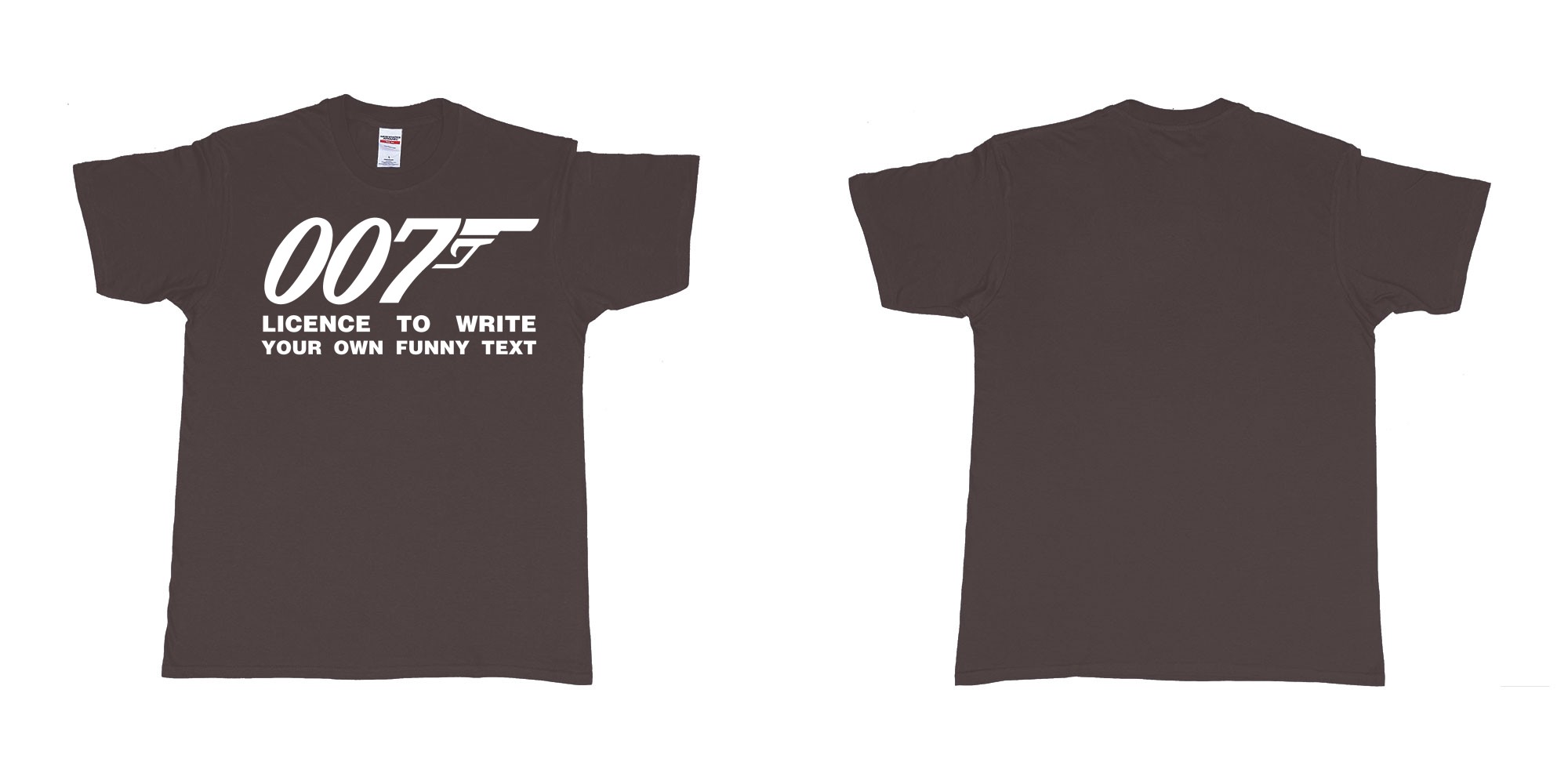 Custom tshirt design james bond logo licence to write own custom text print in fabric color dark-chocolate choice your own text made in Bali by The Pirate Way