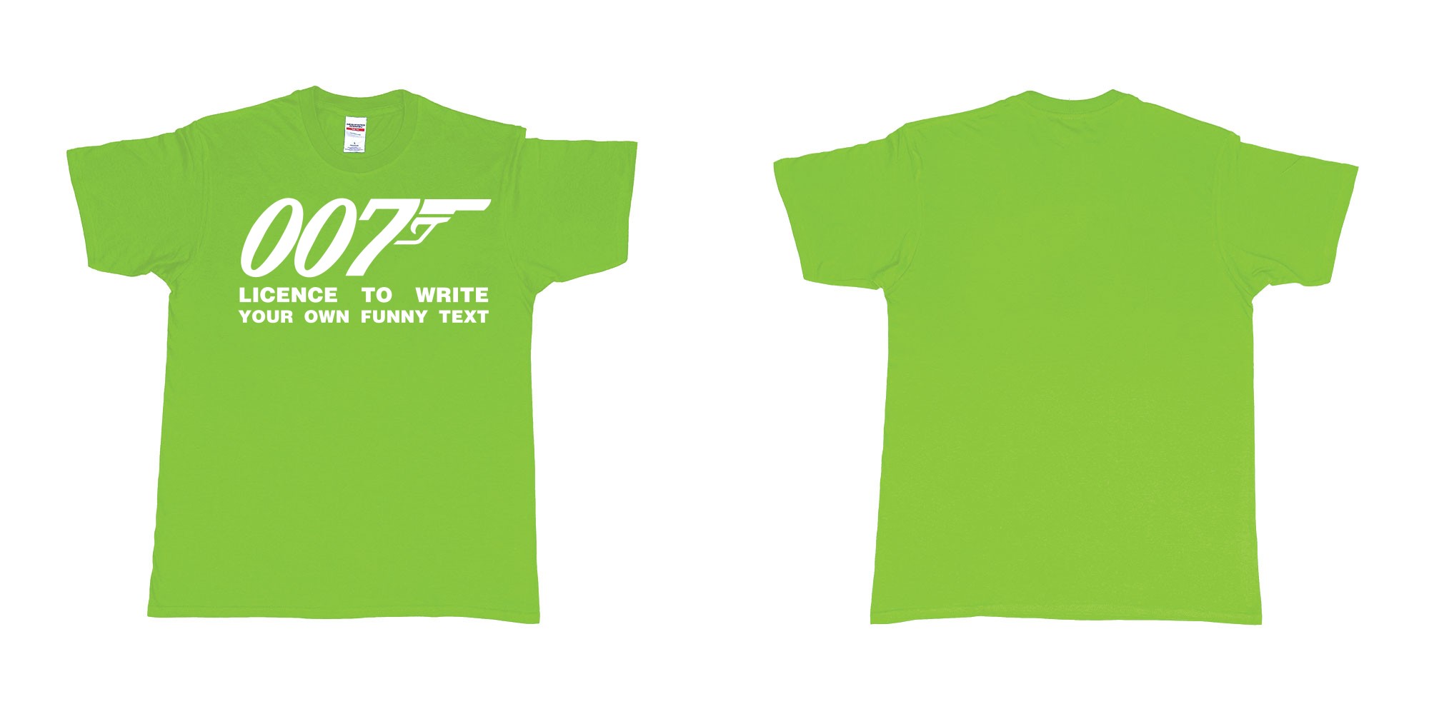 Custom tshirt design james bond logo licence to write own custom text print in fabric color lime choice your own text made in Bali by The Pirate Way